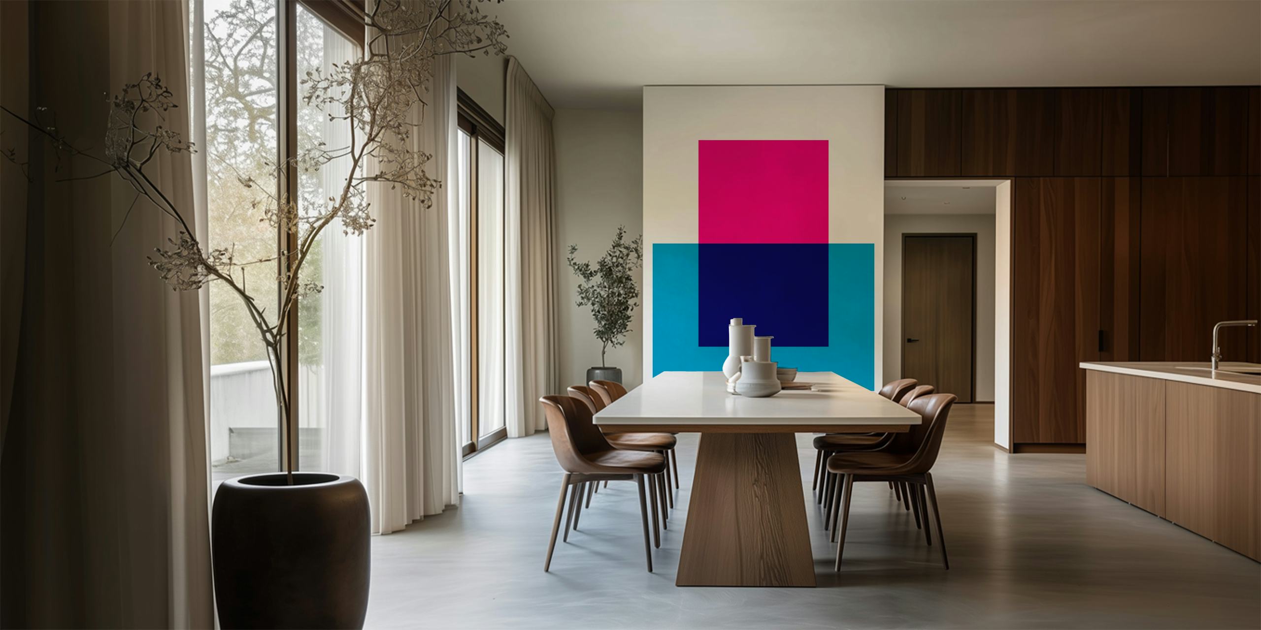 Geometric shapes in pink, blue, and navy wallpaper