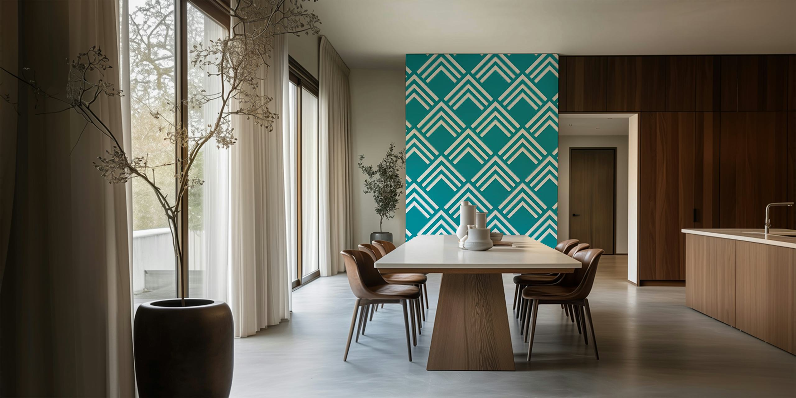 Papel de parede com padrão geométrico vibrante em um quarto