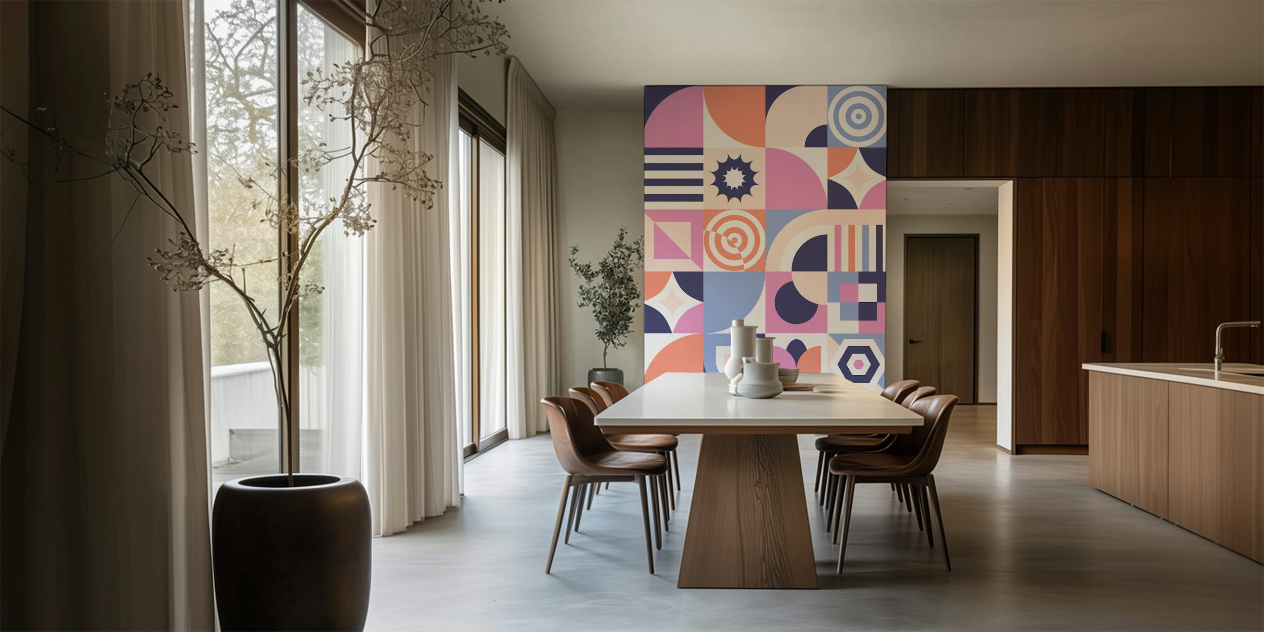 Colorful geometric shapes in pink, navy, and white wallpaper