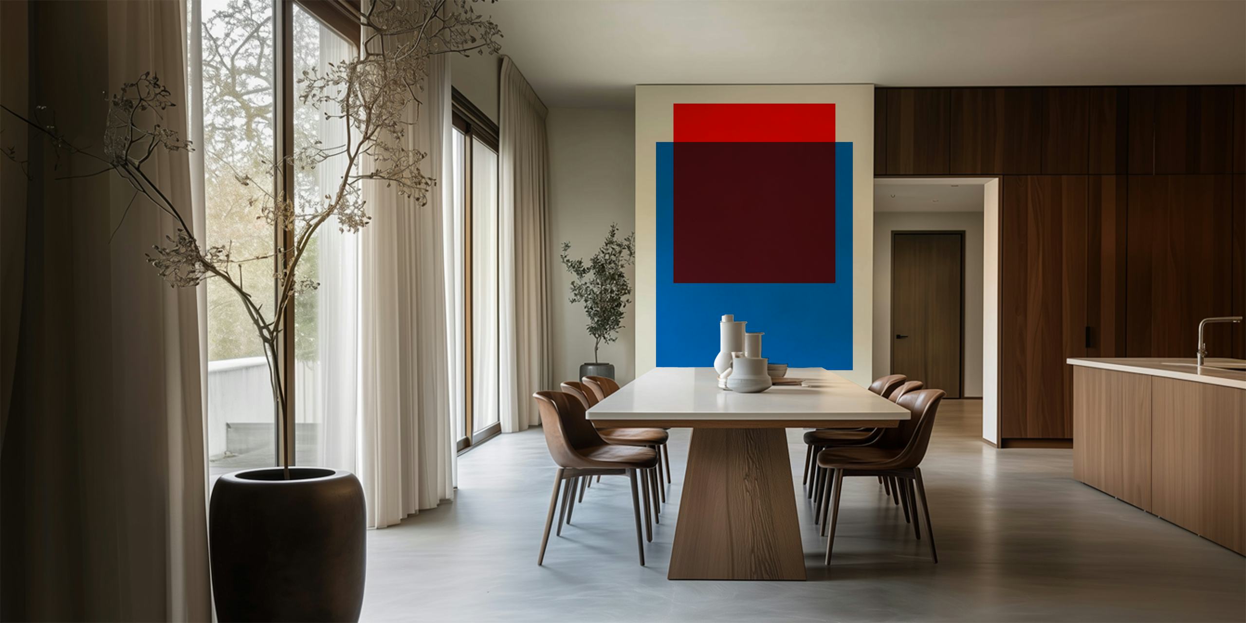 Color block wallpaper featuring red, burgundy, and blue shapes, modern style