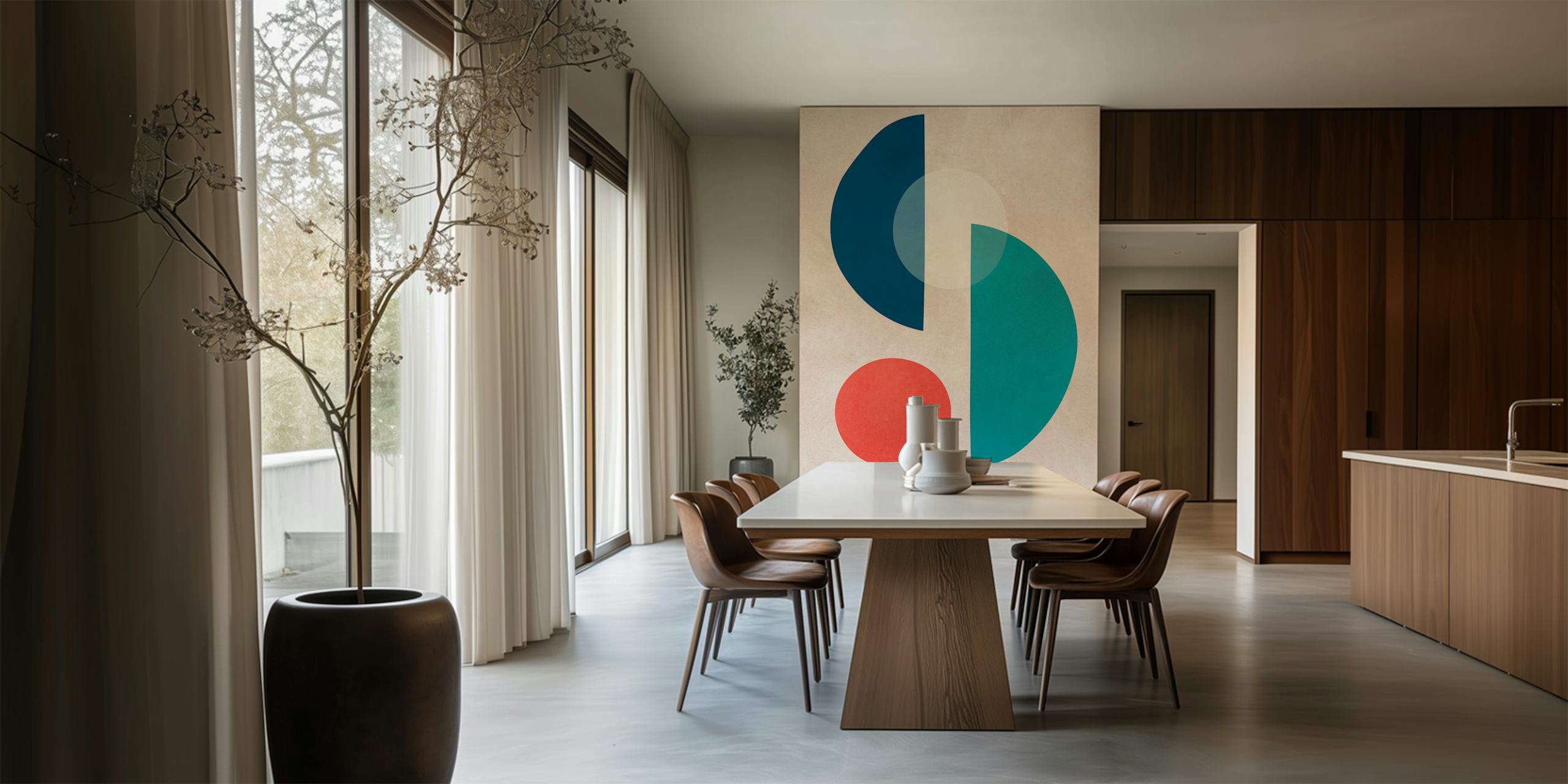 Geometric shapes in blue, teal, and red on textured background wallpaper