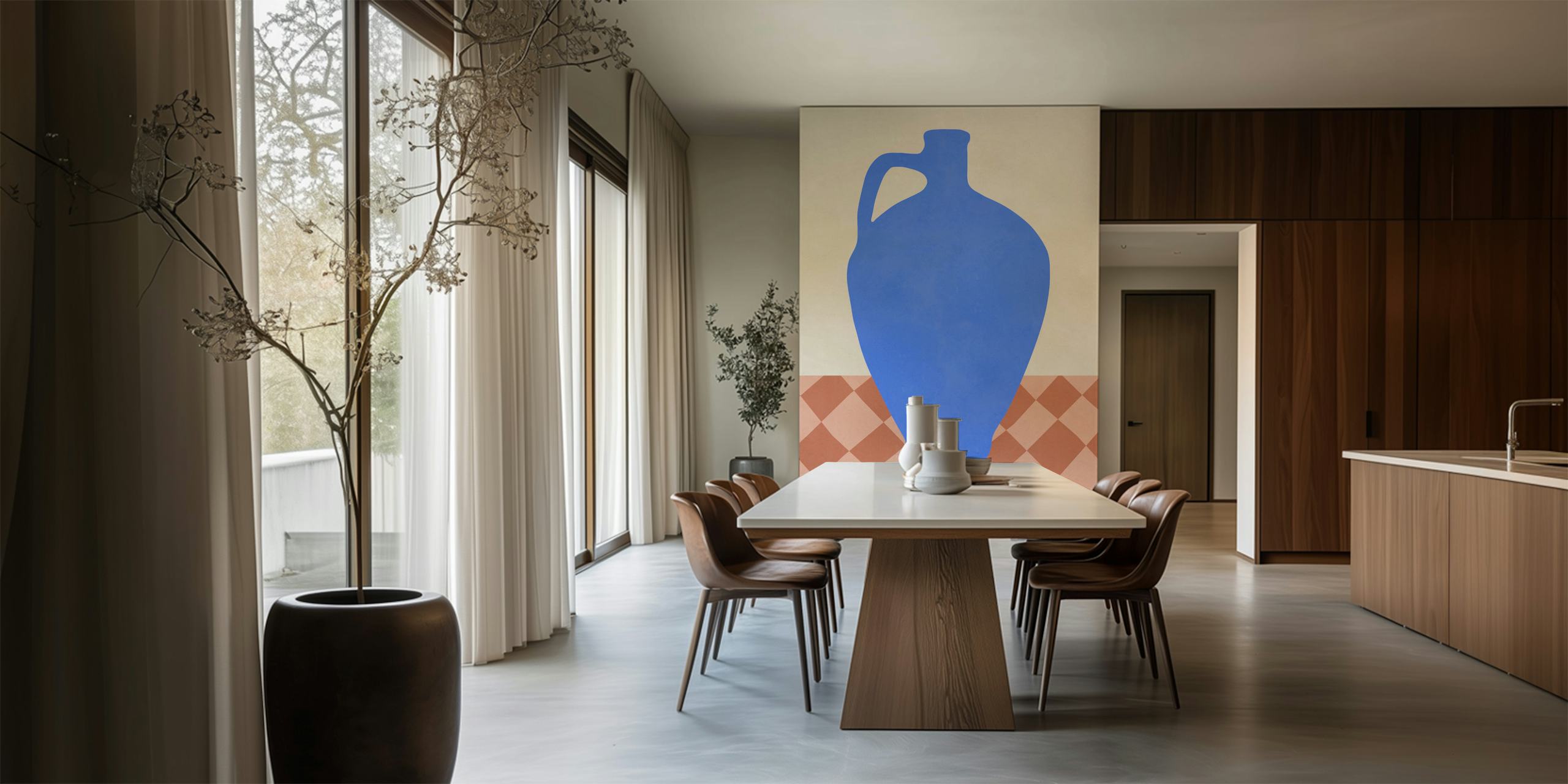 Ilustração de vaso azul em um quarto