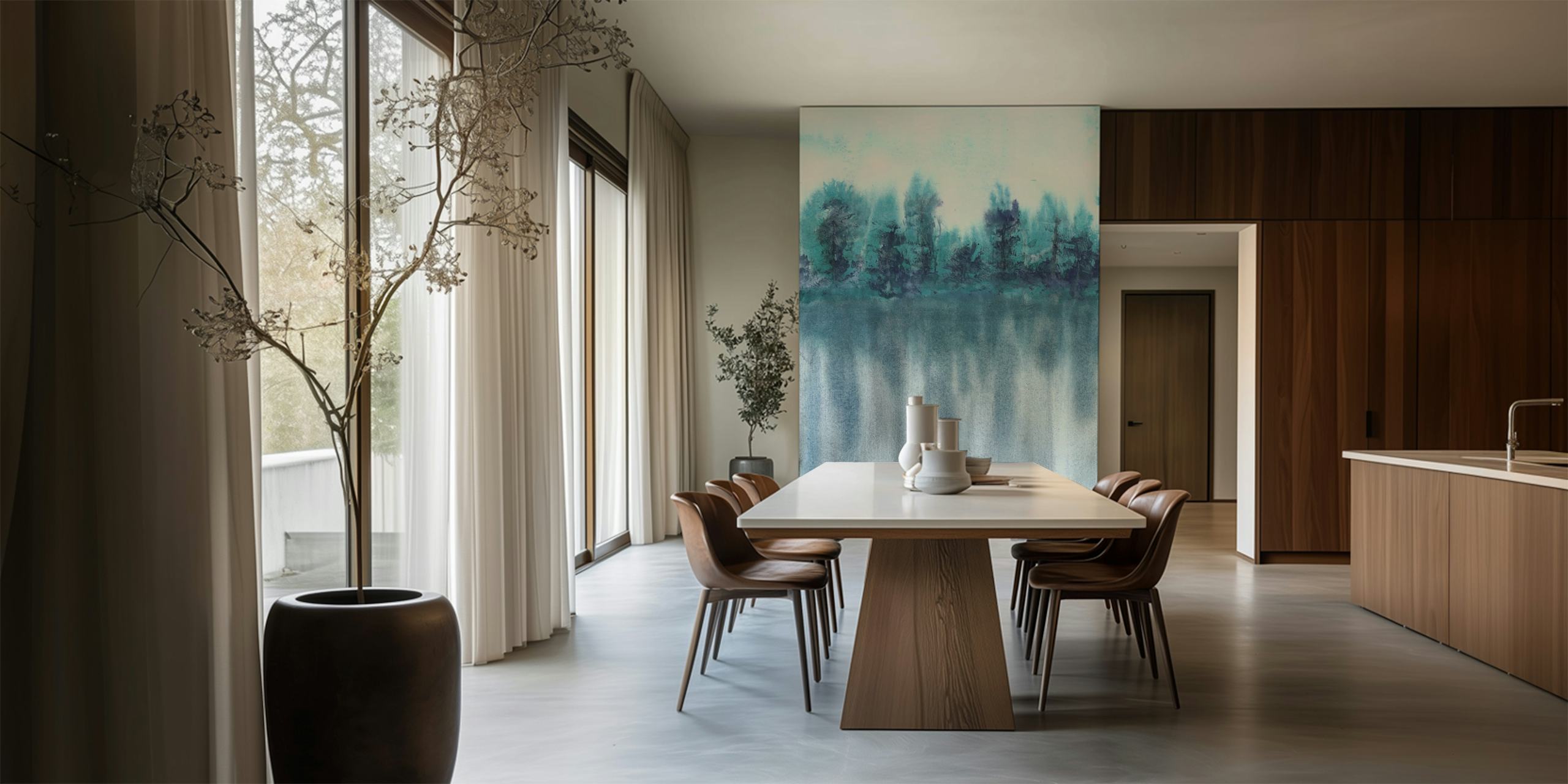 Watercolor dark blue forest wallpaper with soft greens and grays