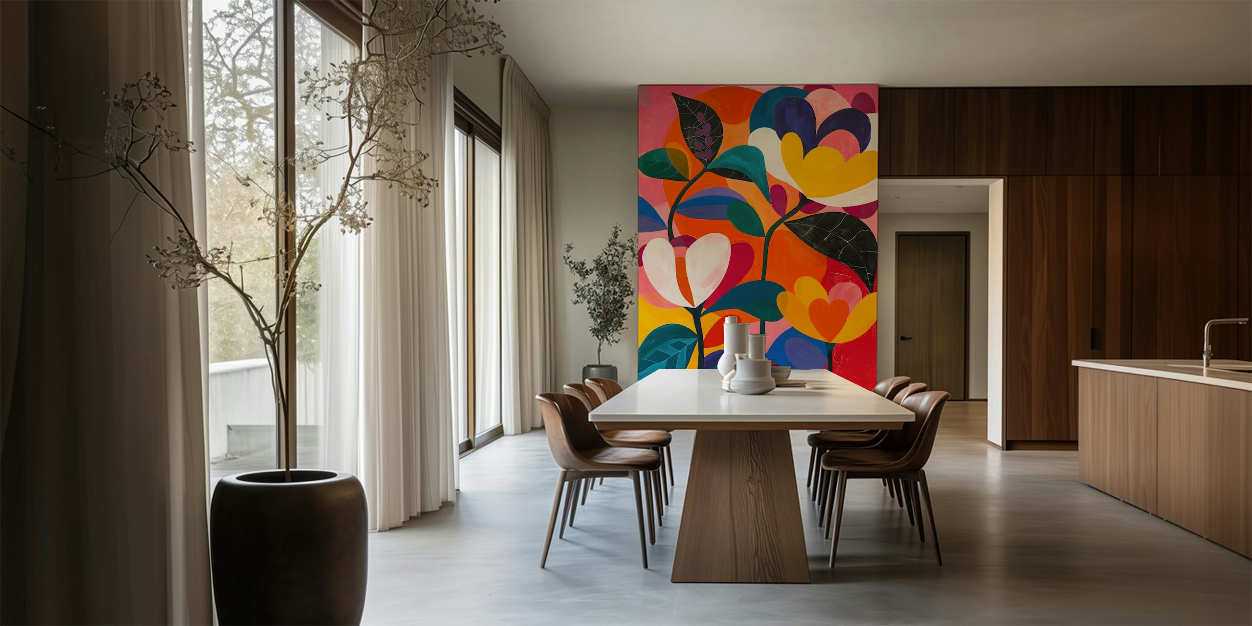 Bold floral design with pink, orange, yellow, and green elements wallpaper