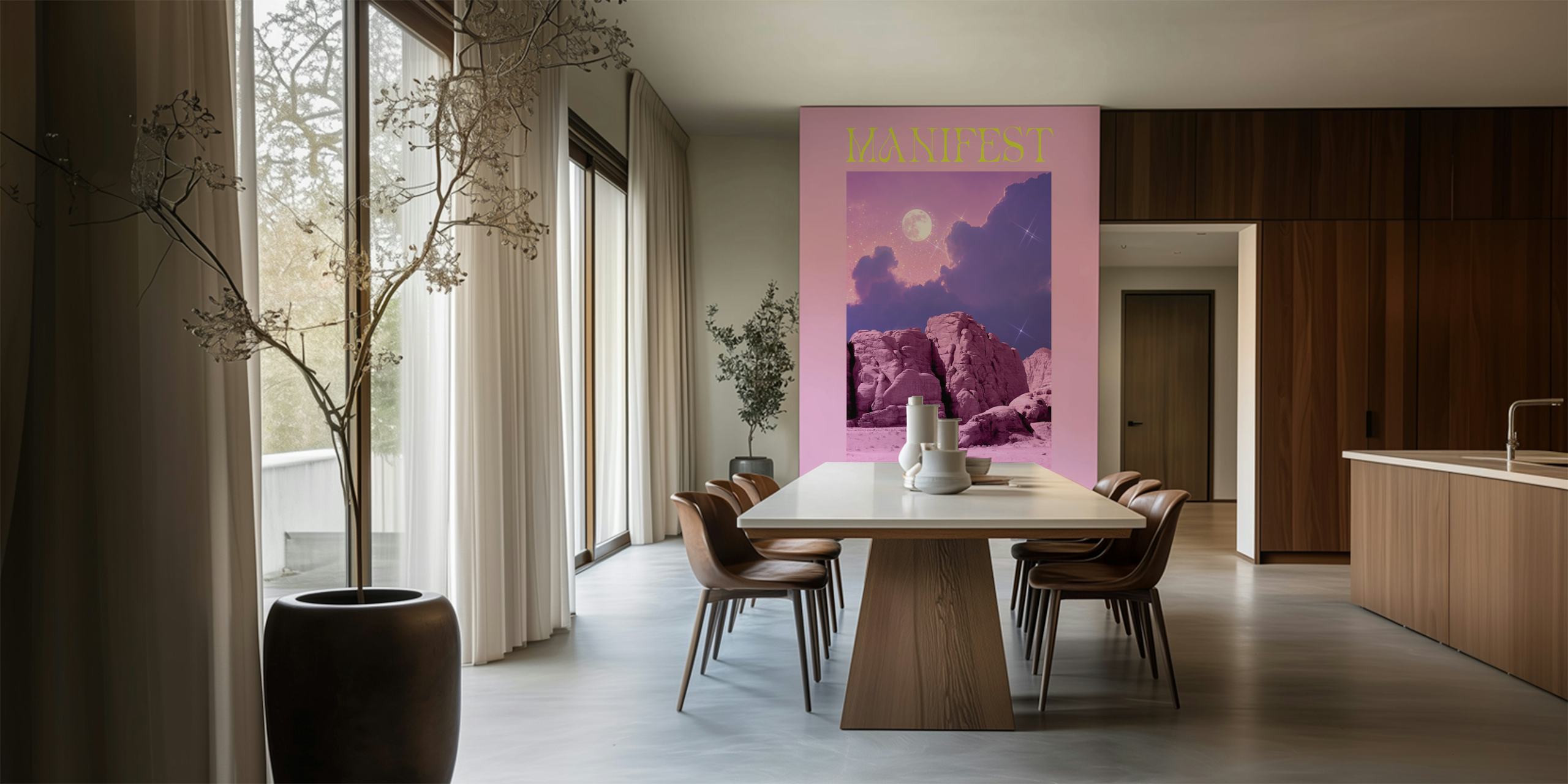Celestial scene with moon and pink rocky landscape wallpaper