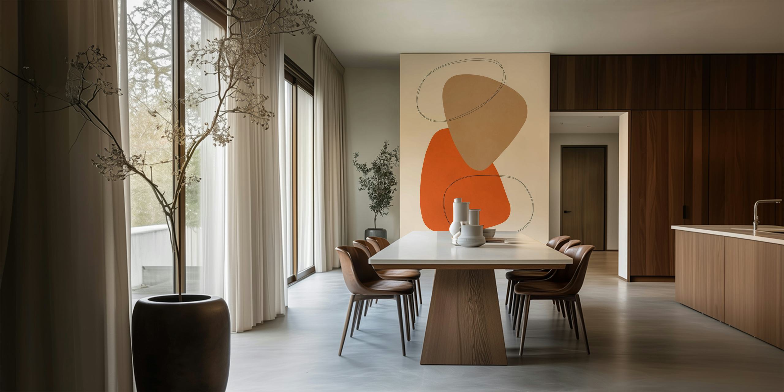 Modern abstract shapes in orange and beige wallpaper
