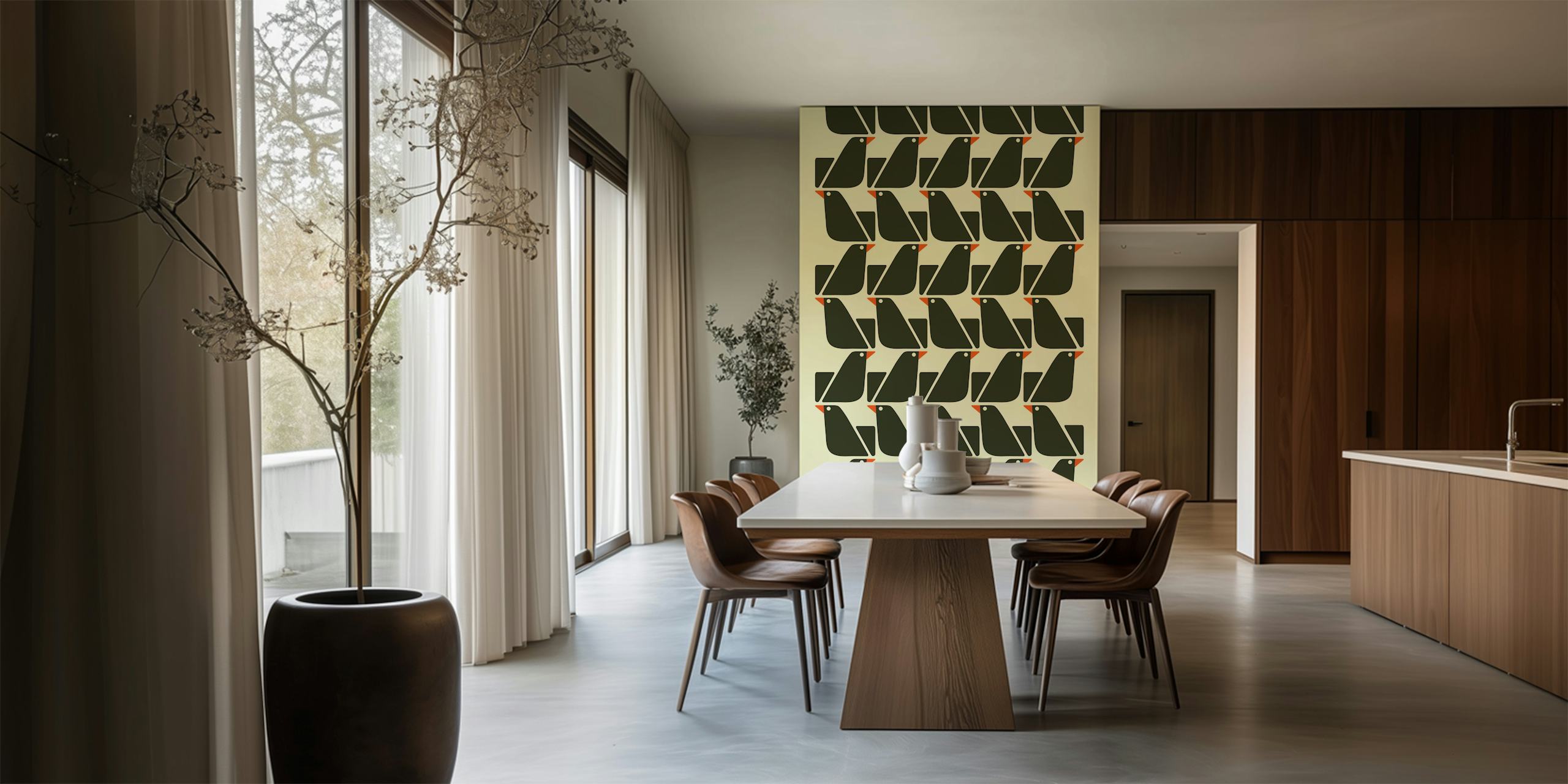 Pattern of black birds on warm cream wallpaper
