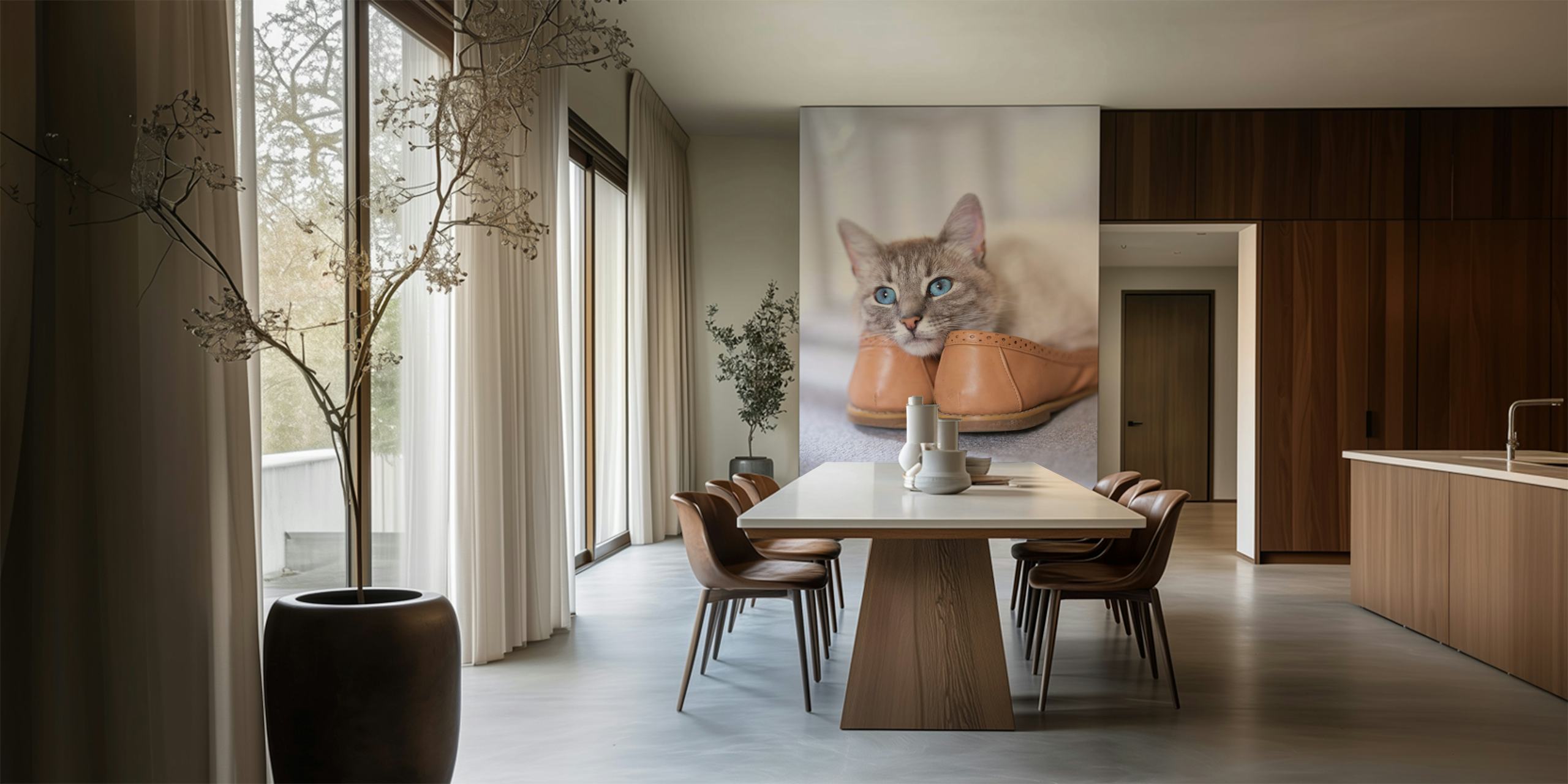 Fototapeta Klidná kočka povalující se v hnědých botách