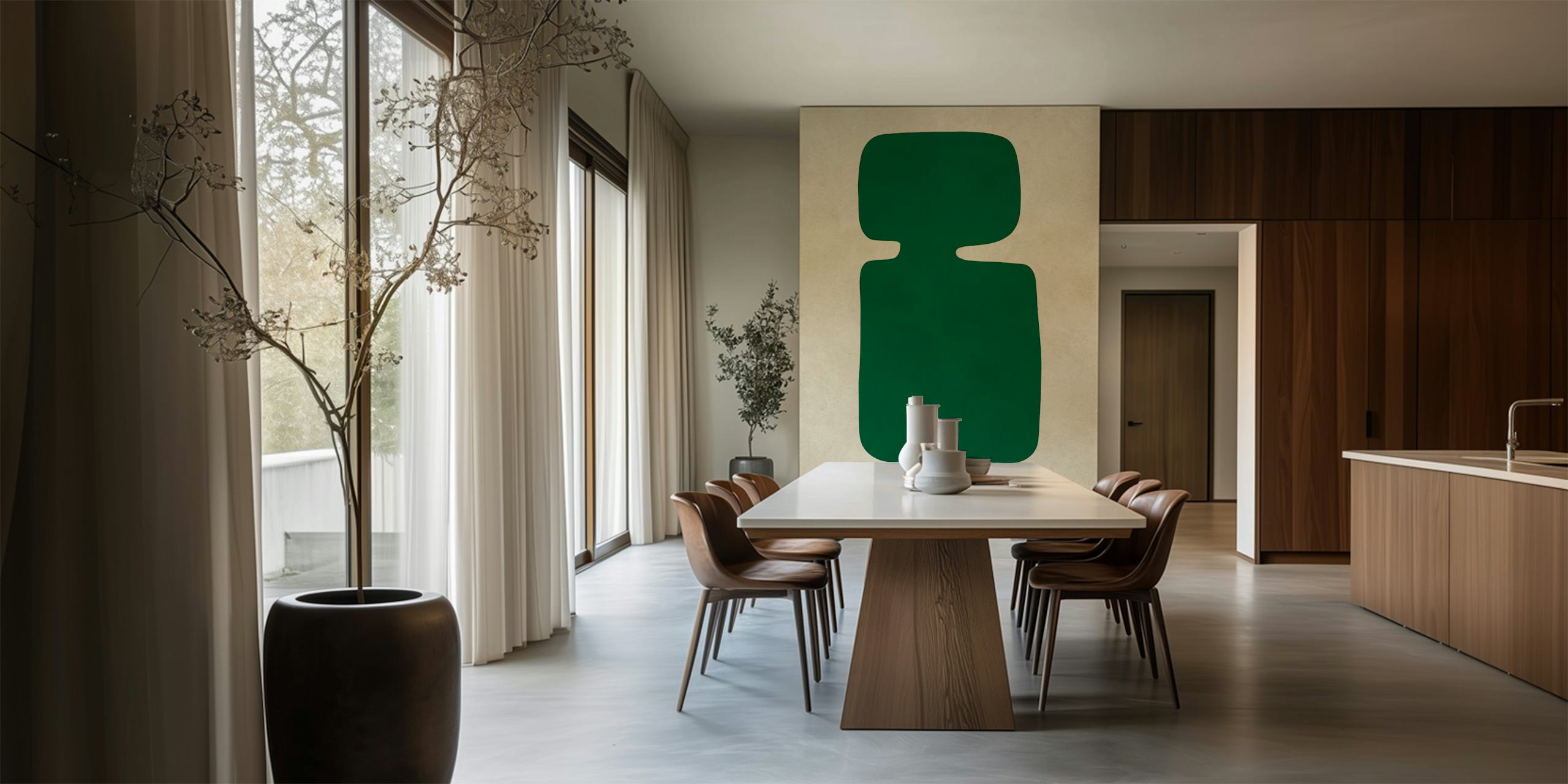 Abstracte geometrische vorm in diepgroen op een gestructureerde muurschildering als achtergrond