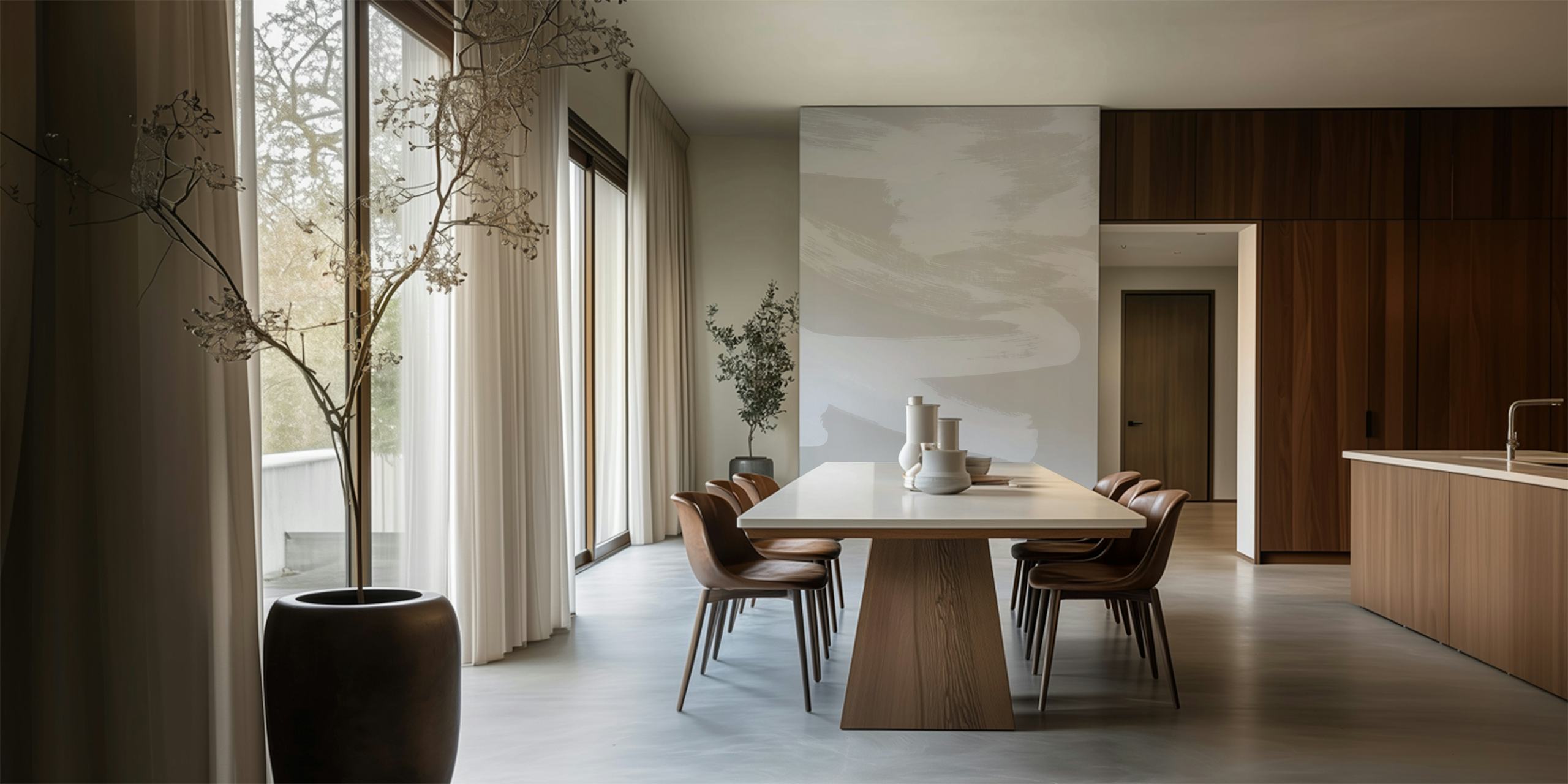 Abstract neutral gestural brushstrokes wall mural in shades of white and gray