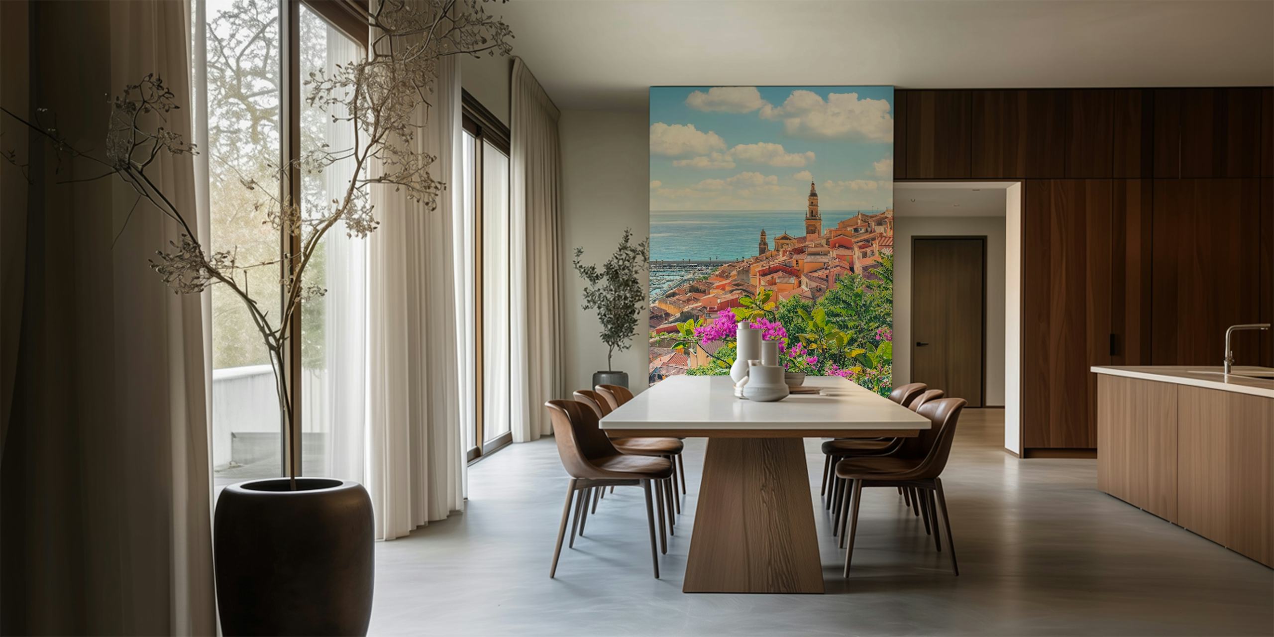 Mediterranean coastal scene with bougainvillea flowers and blue sea wallpaper
