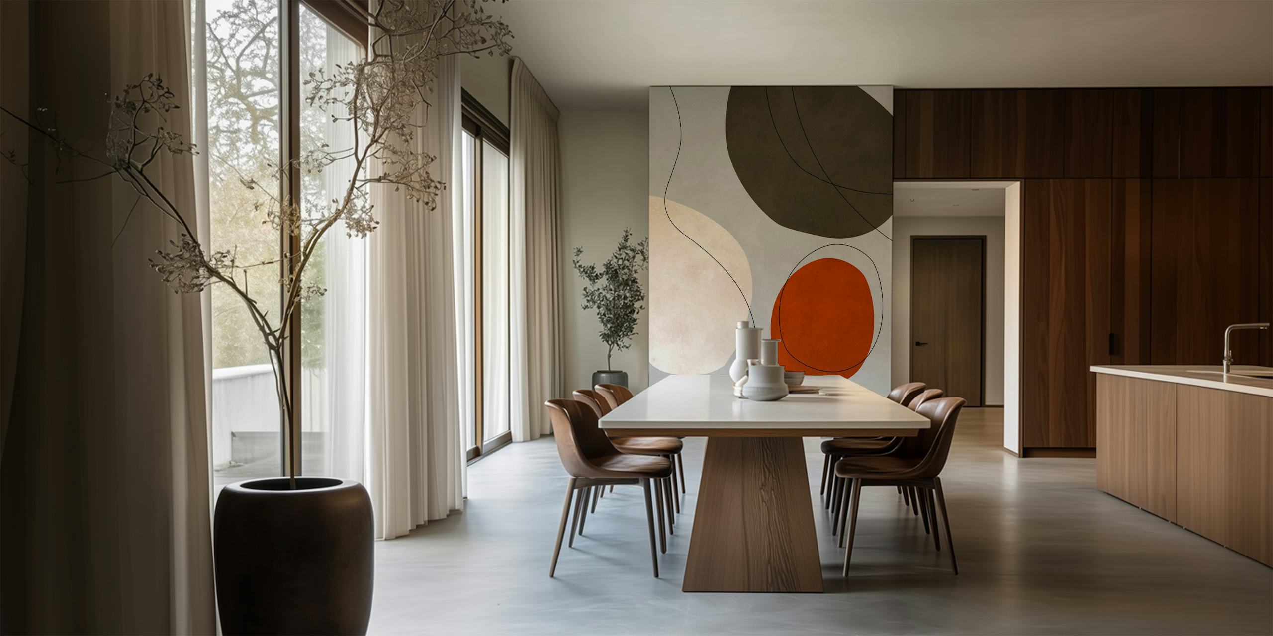 Abstract shapes in earthy tones: gray, terracotta, olive green wallpaper