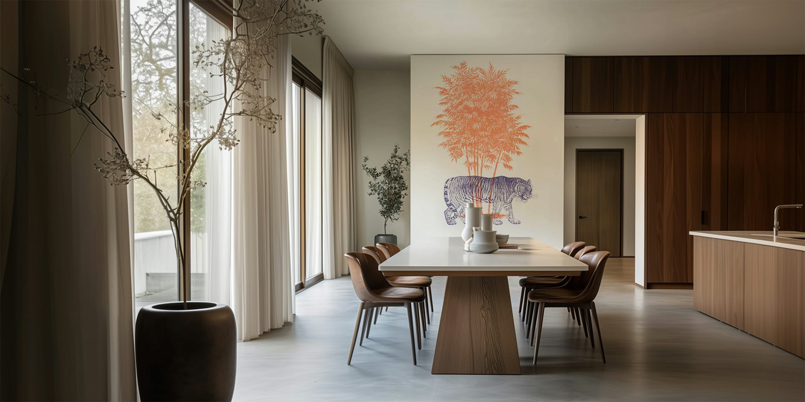 Tiger and Palm -tapettisuunnittelu huoneen asetelmassa