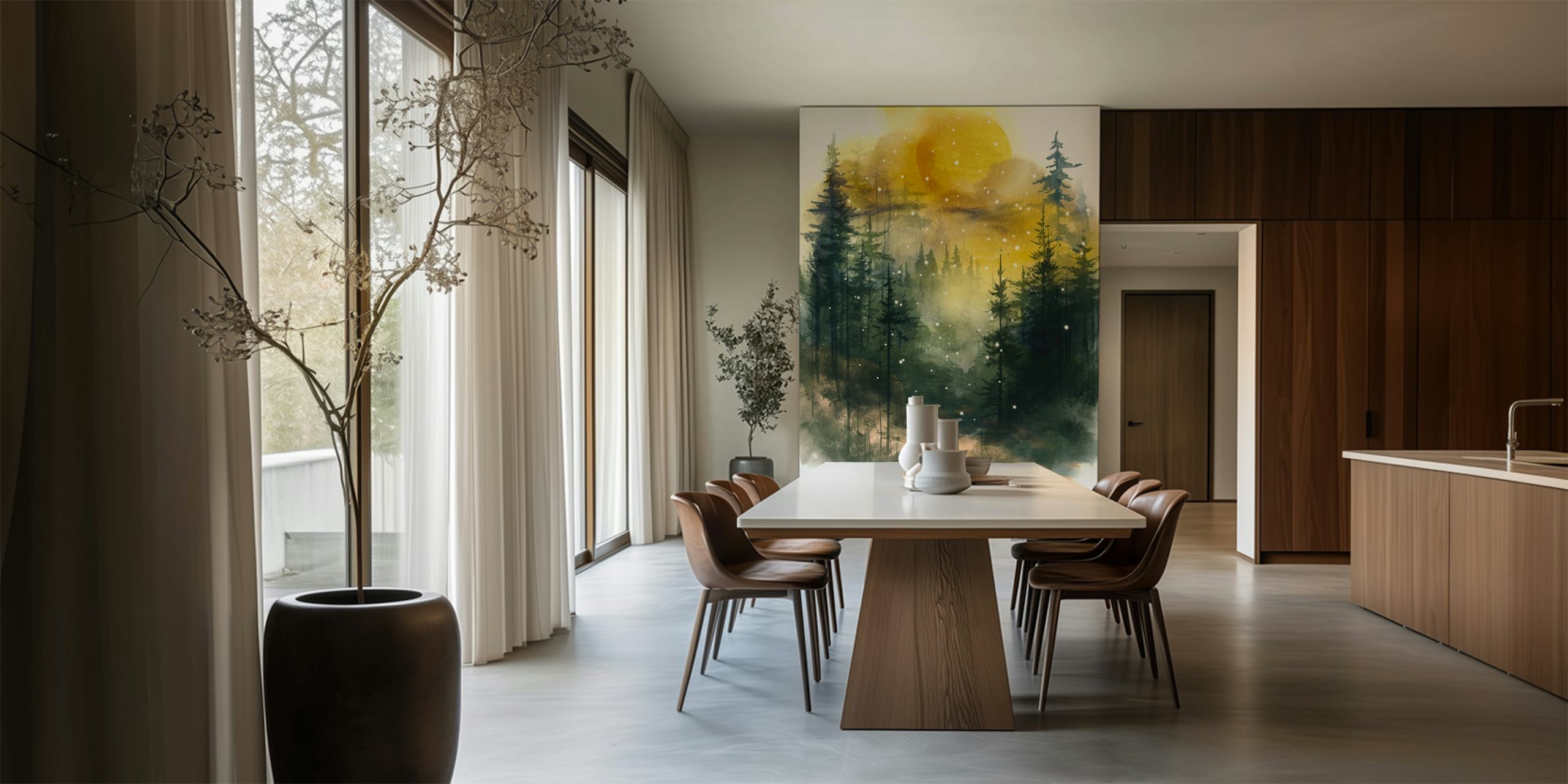 Forest with tall evergreen trees and golden moon wallpaper