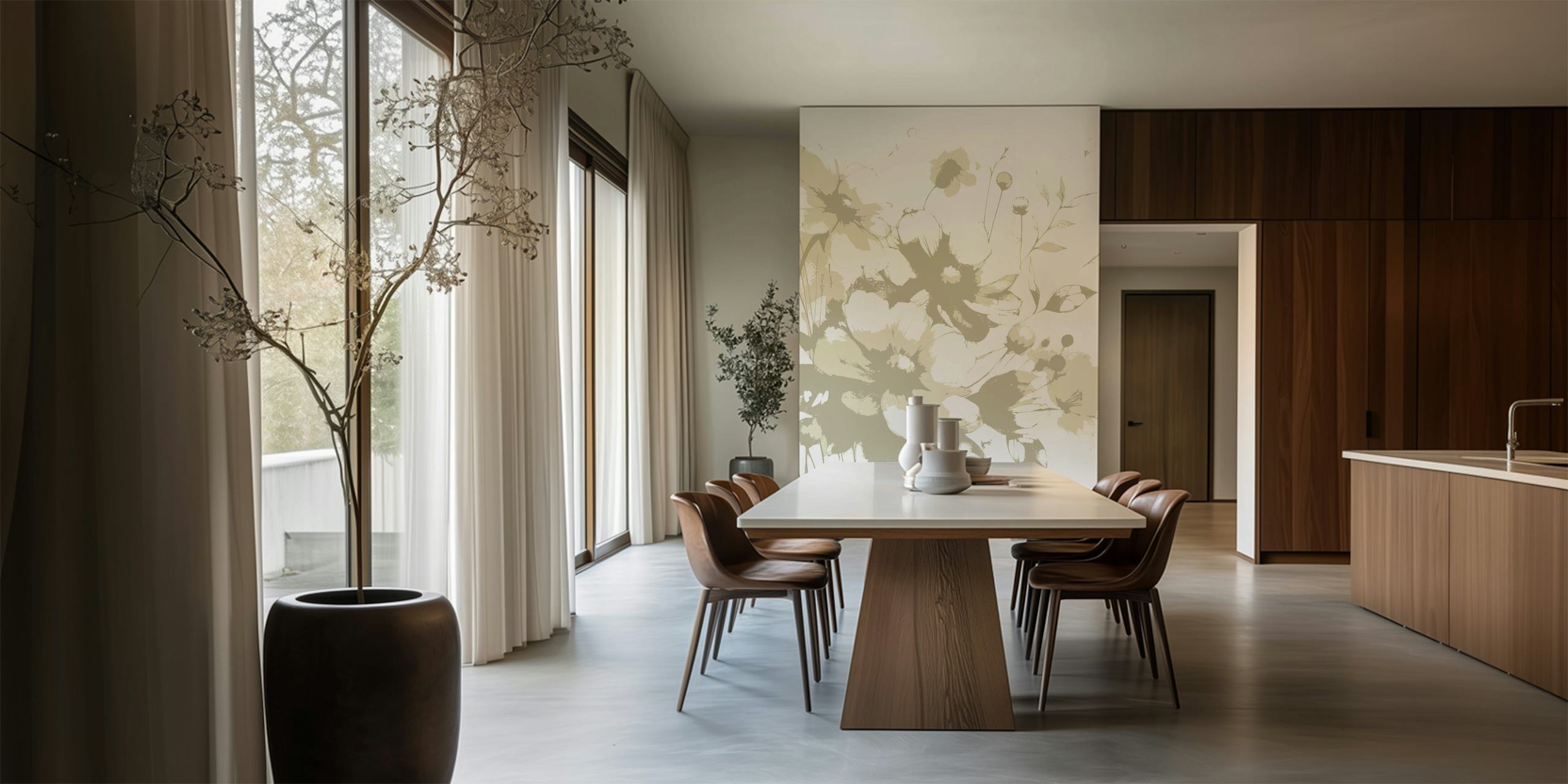 Beige and light khaki botanical wallpaper in a room