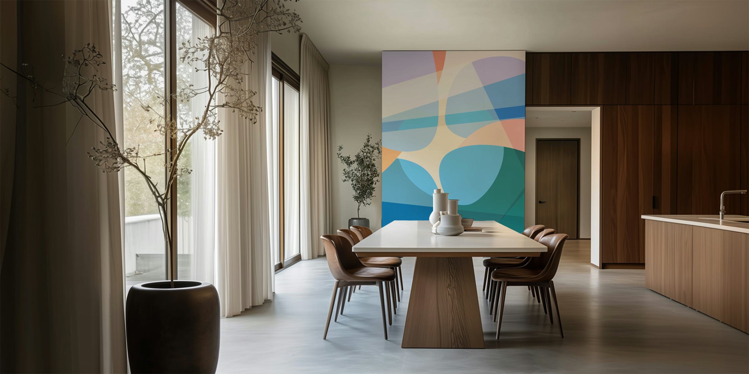 Abstract Pastel Curves wallpaper in a room