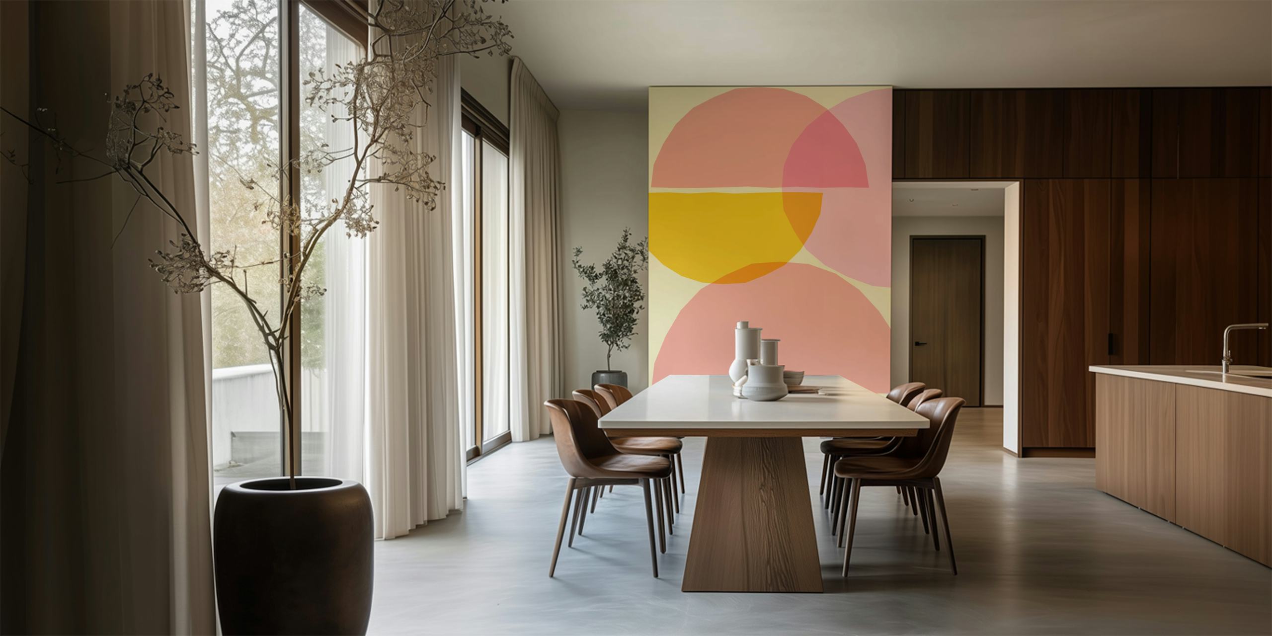 Pastel geometric shapes in pink, yellow, and peach wallpaper