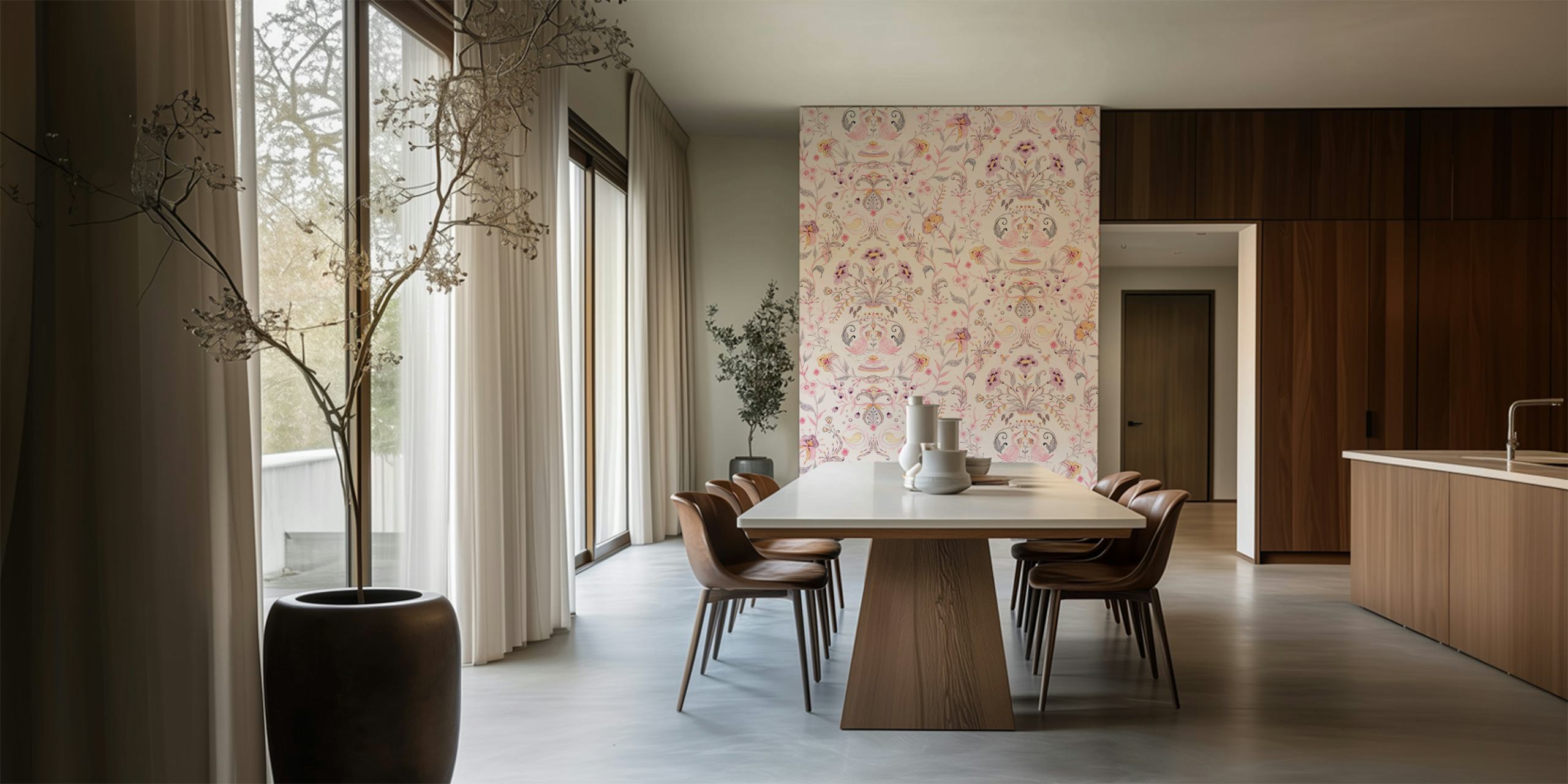 Floral pattern wallpaper in a styled room