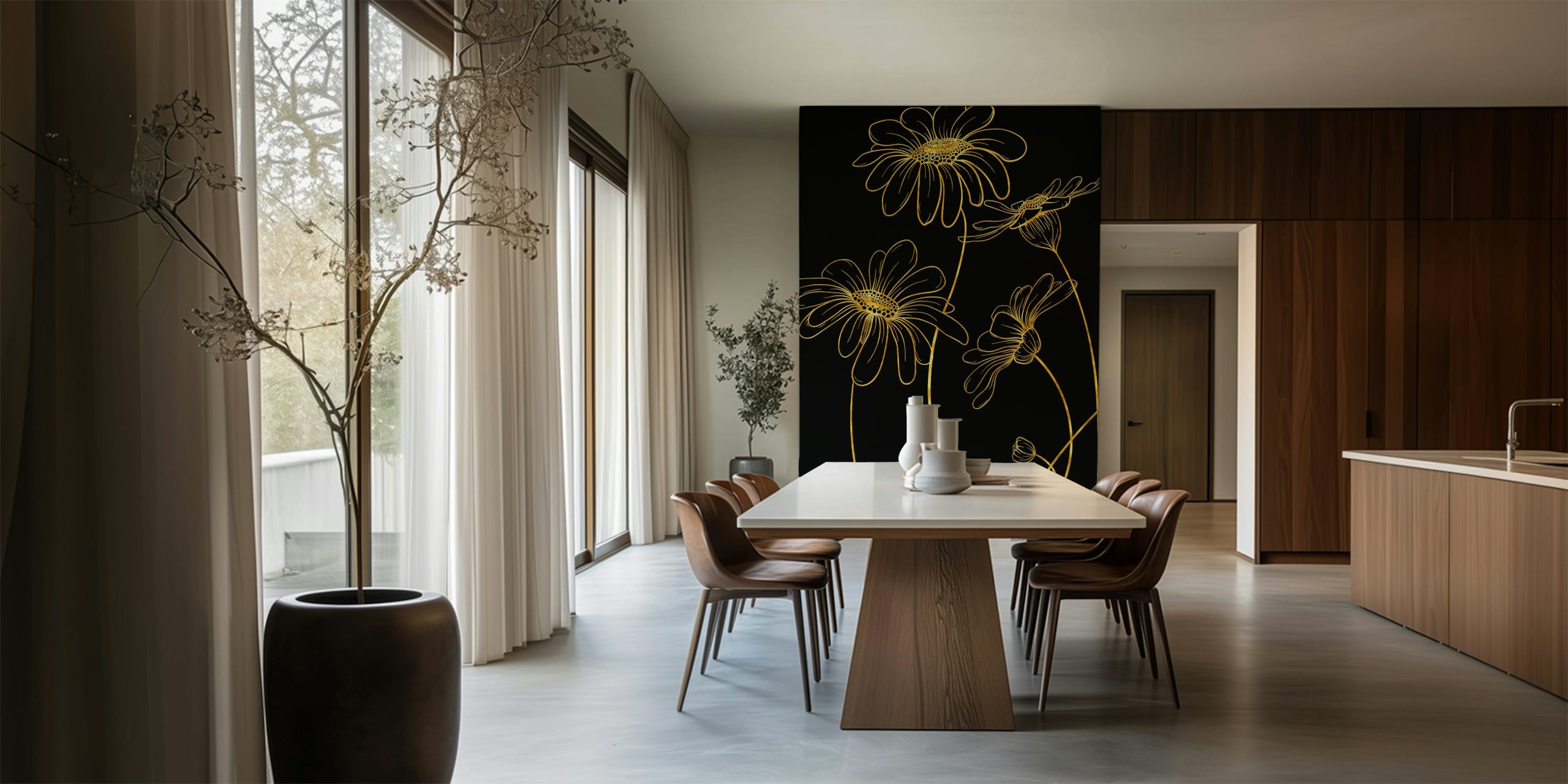 Gold daisies wallpaper in a room