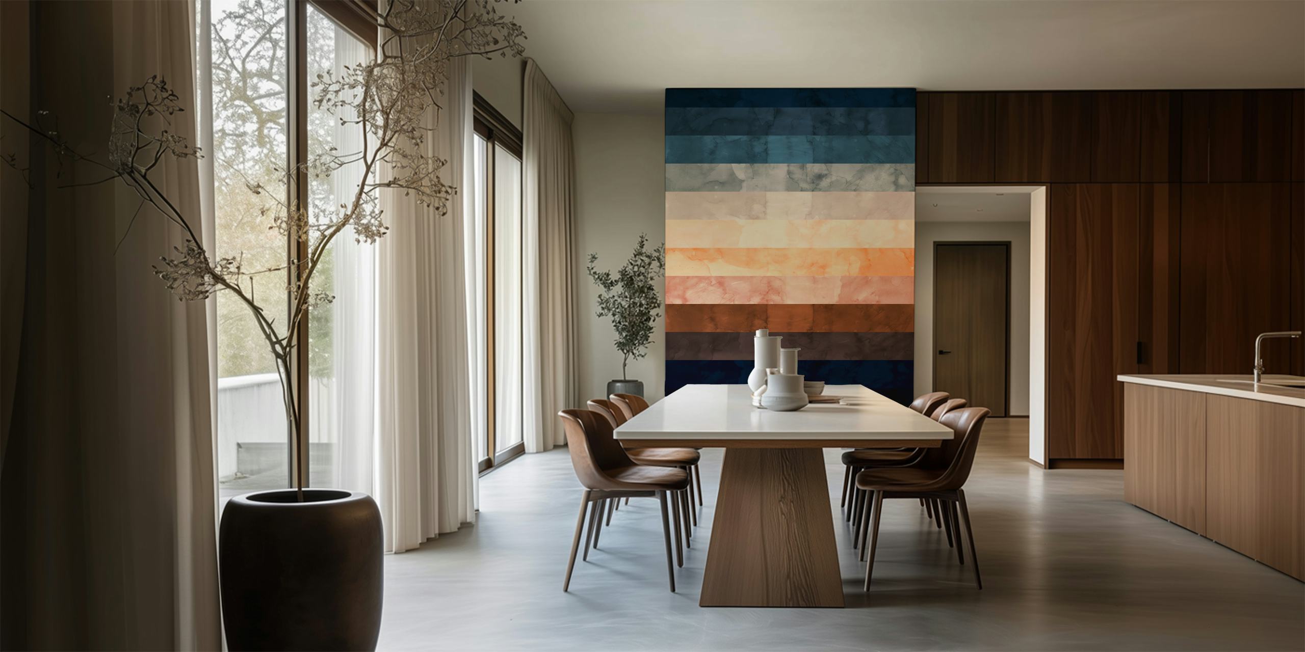 Abstract watercolor wallpaper with stripes in blue, peach, and brown hues.