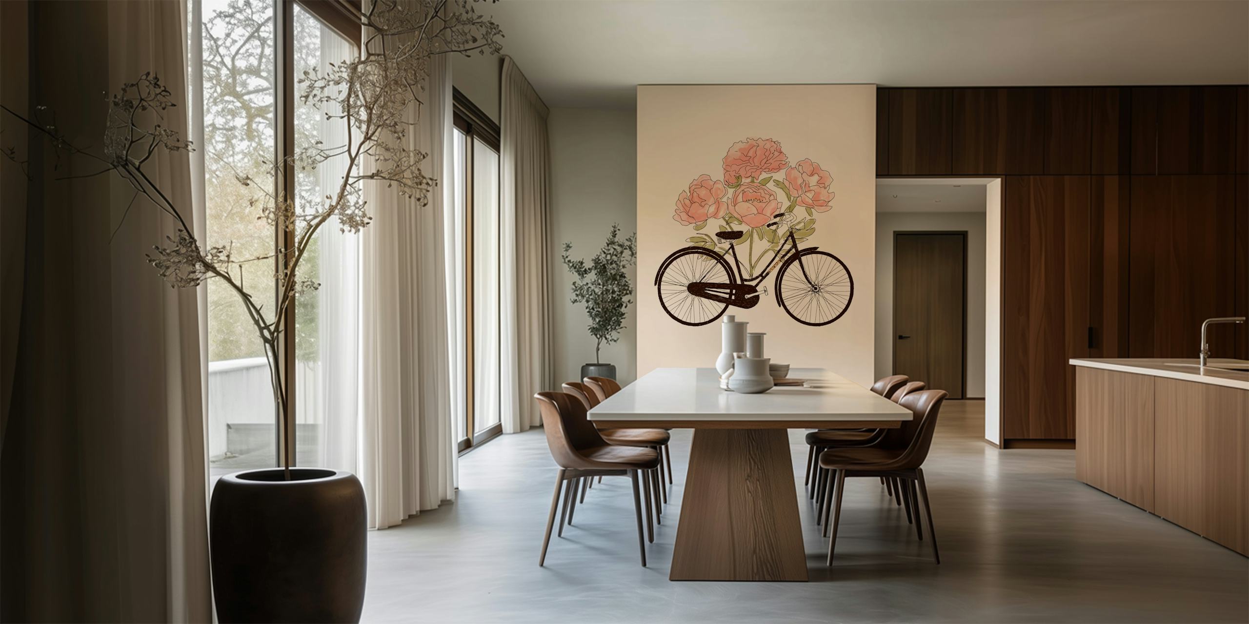 Vintage bike with pink peonies on a soft beige background wallpaper