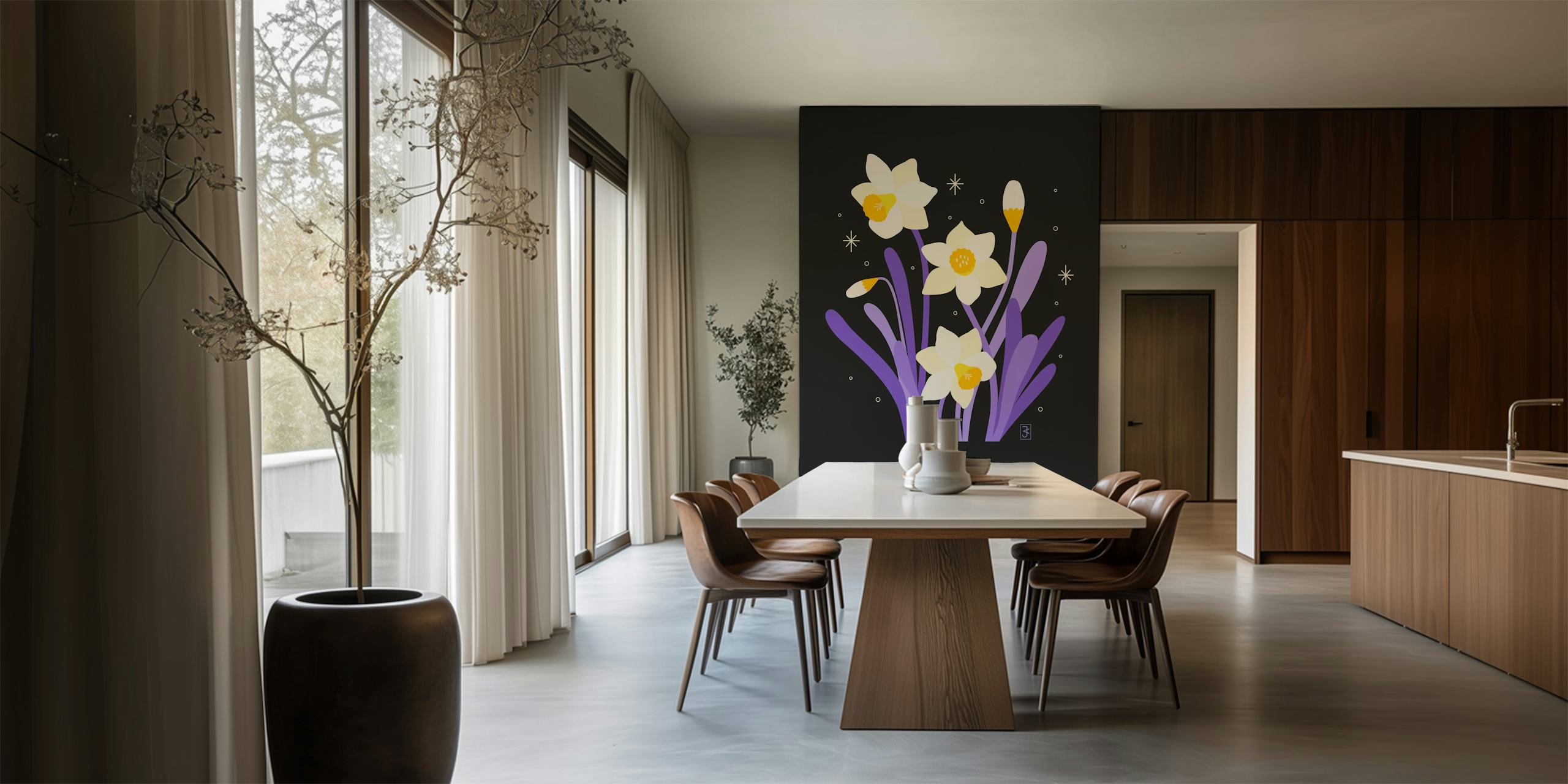 Narcissus Stars Daffodil Dark wallpaper in a room