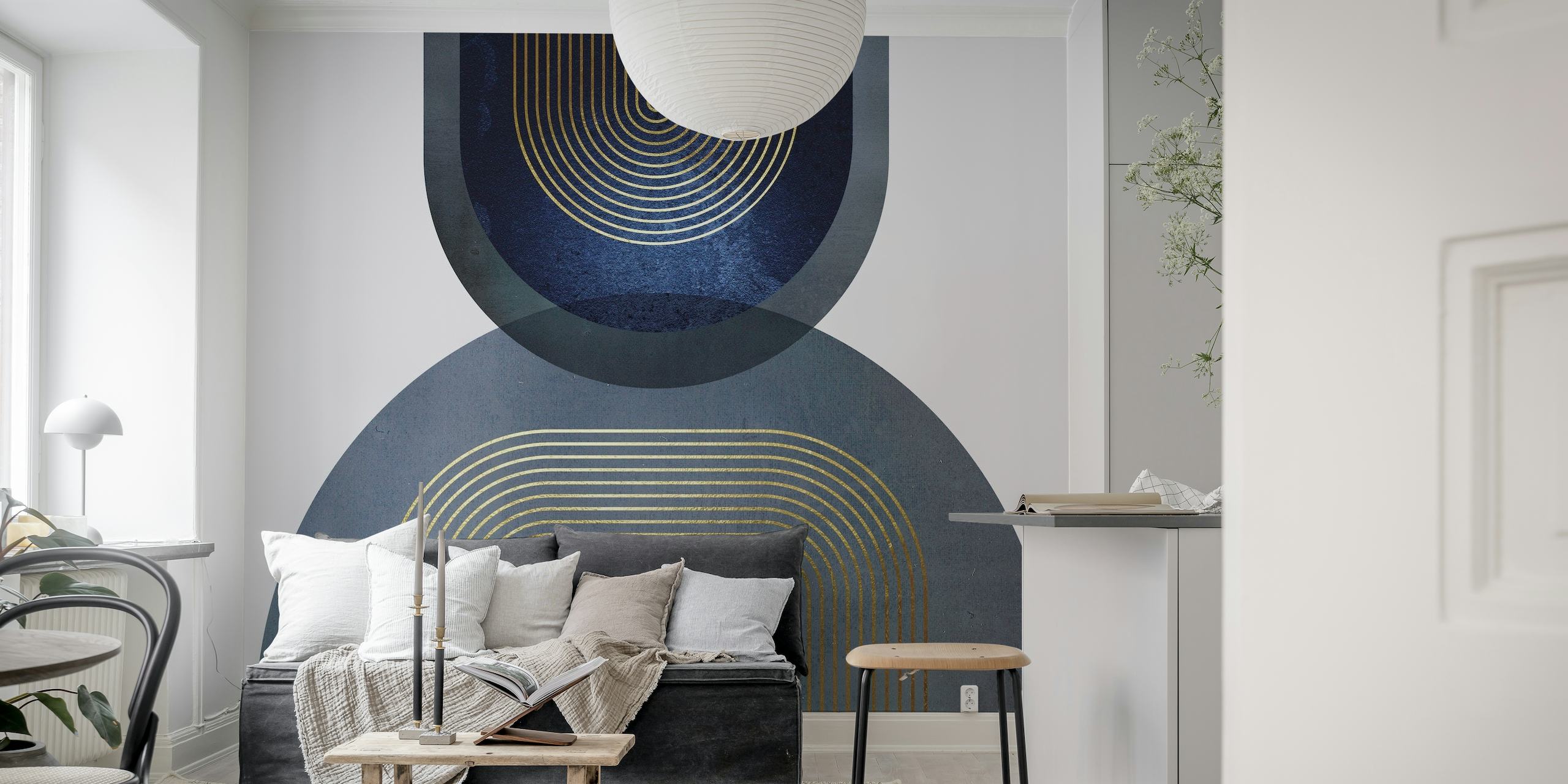Modern Mid Century 4 abstract geometric wall mural in muted tones.