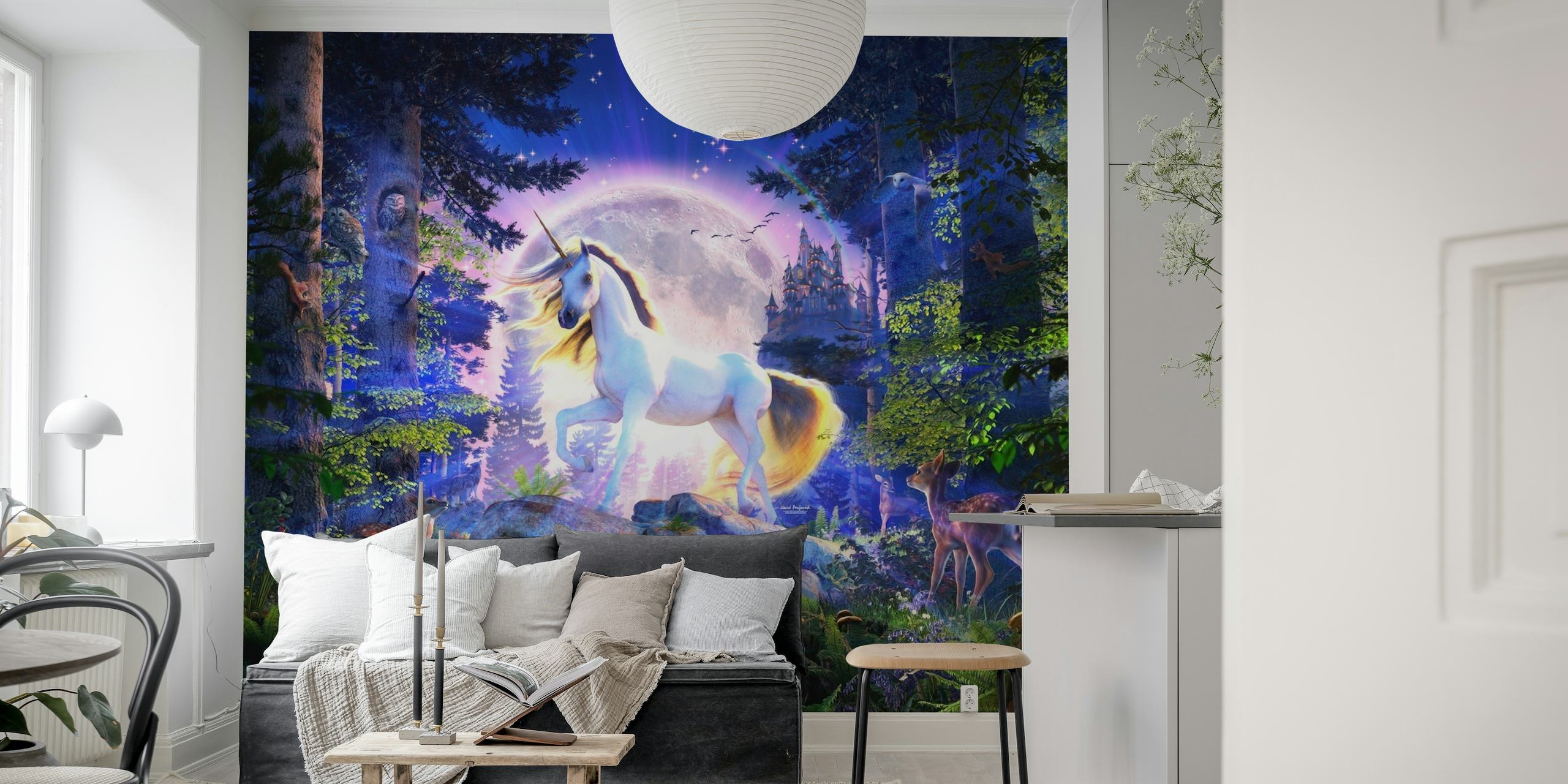 Enchanting moonlit forest scene with a majestic unicorn wall mural