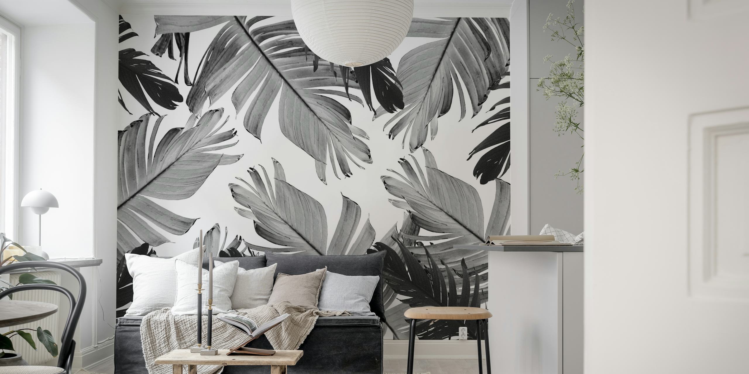 Monokrom tropisk bananblad vægmaleri