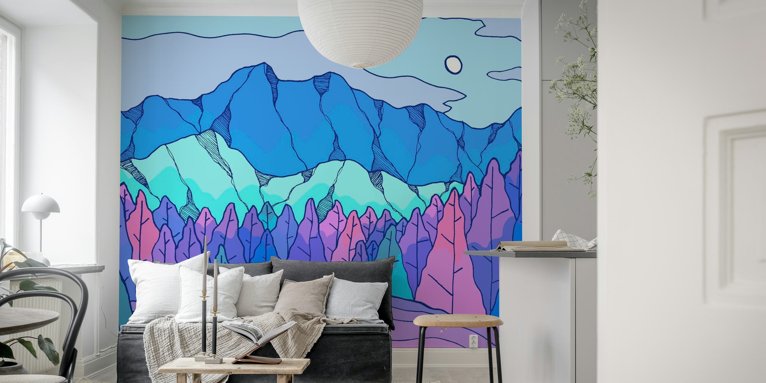 Rivière stylisée de couleur néon coulant à travers un paysage de montagne géométrique sous une fresque murale de lune pâle