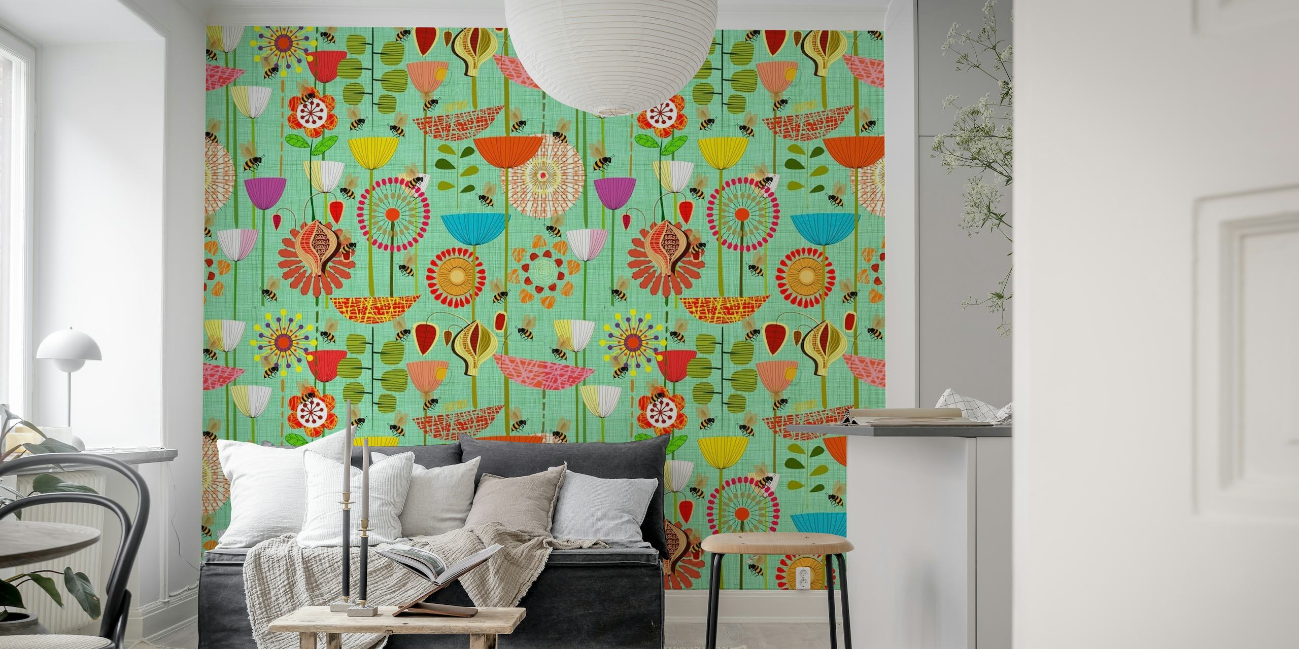 Mid-century modern 'Where the Bees Fly' bee-themed wallpaper