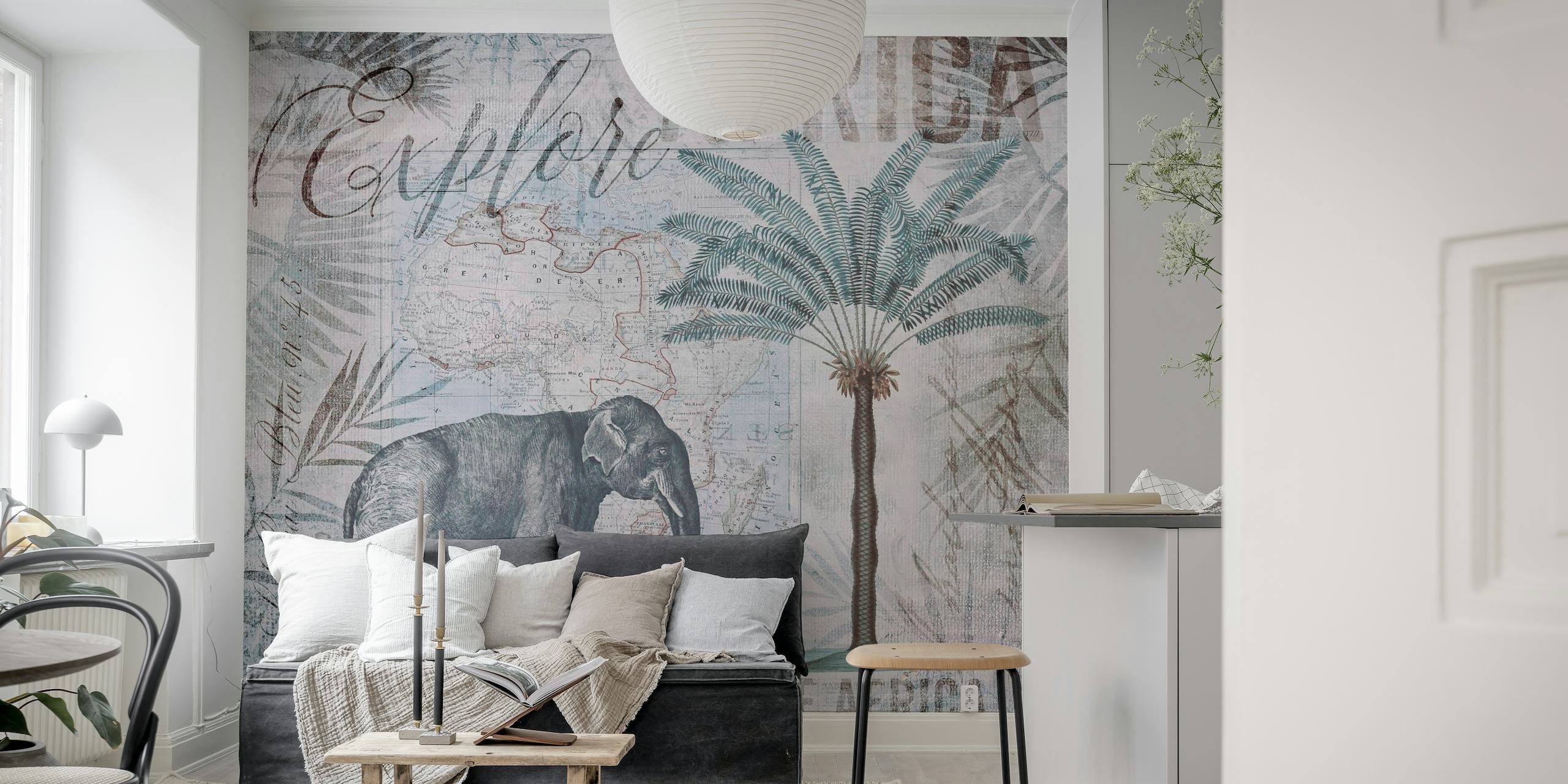 Afrikkalainen norsu-seinämaalaus vintage seepian sävyillä, palmujen siluetteilla ja "Afrikka"-tekstielementeillä