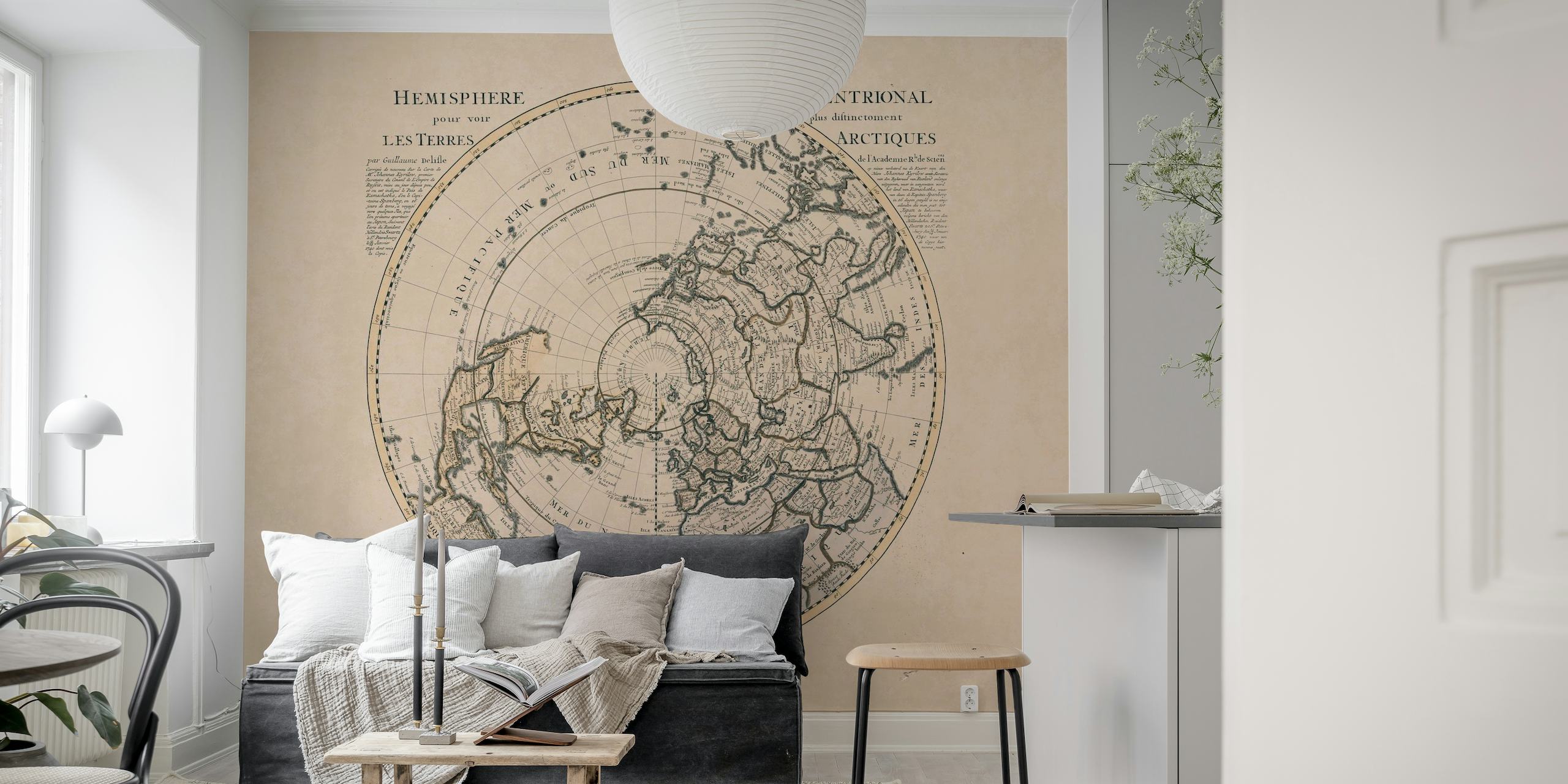 Antiikkityylinen kartta pohjoisen pallonpuoliskon seinämaalauksesta seepian sävyillä