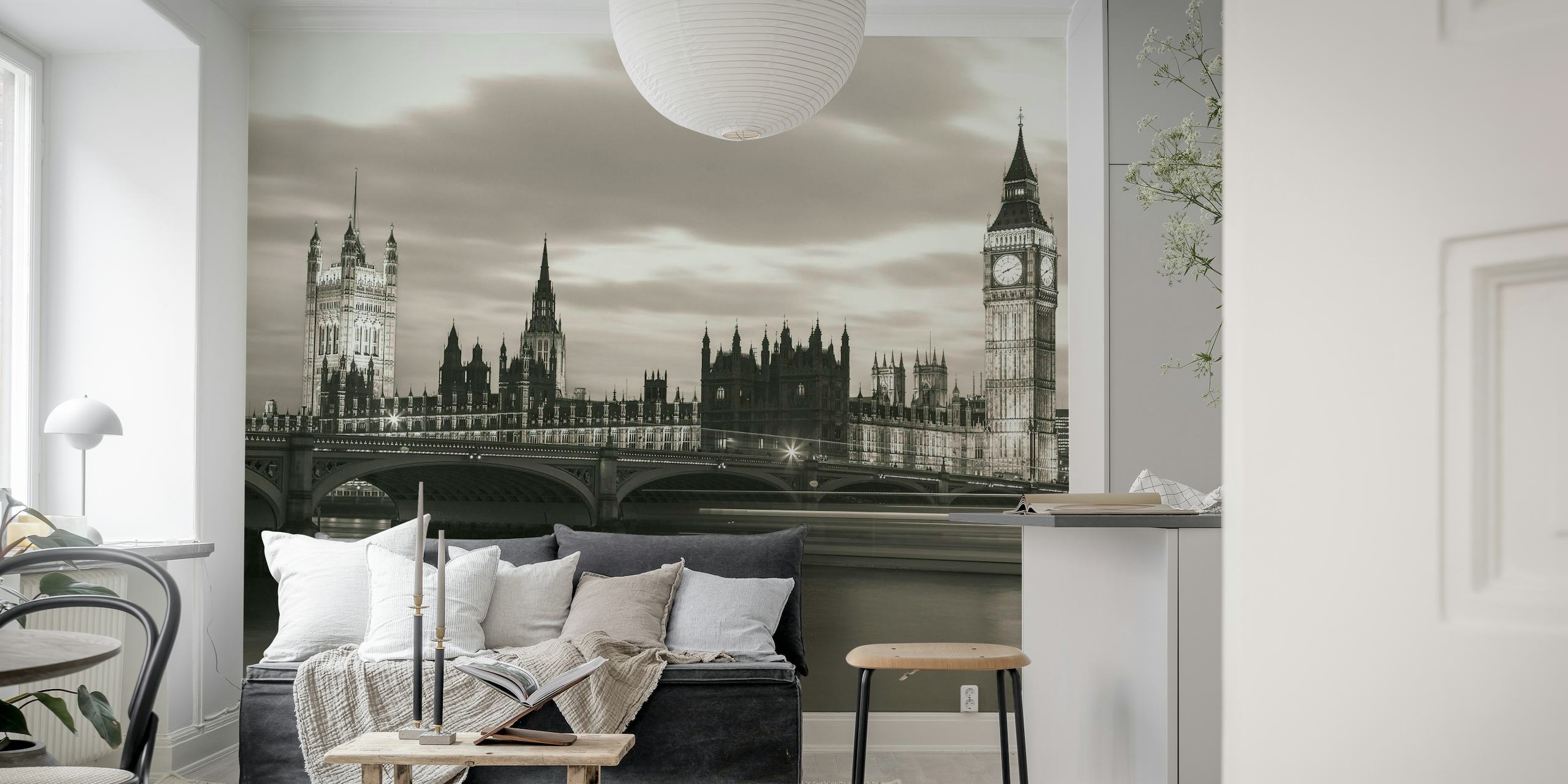 Sort og hvidt vægmaleri af Westminster Bridge og Big Ben i skumringen