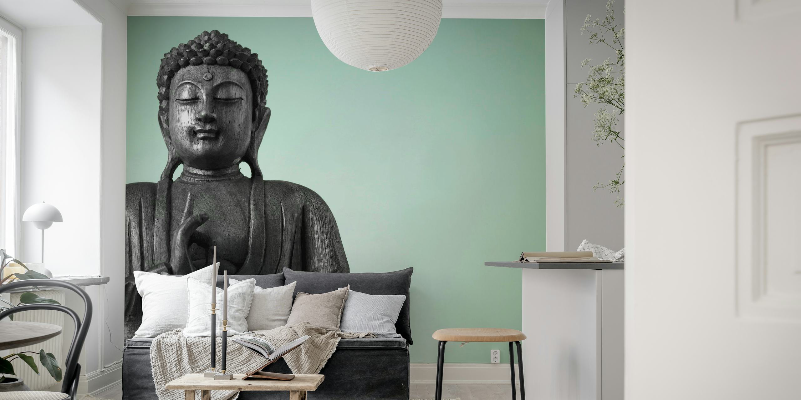 Fotomural monocromático de Buda meditando para crear un ambiente hogareño tranquilo