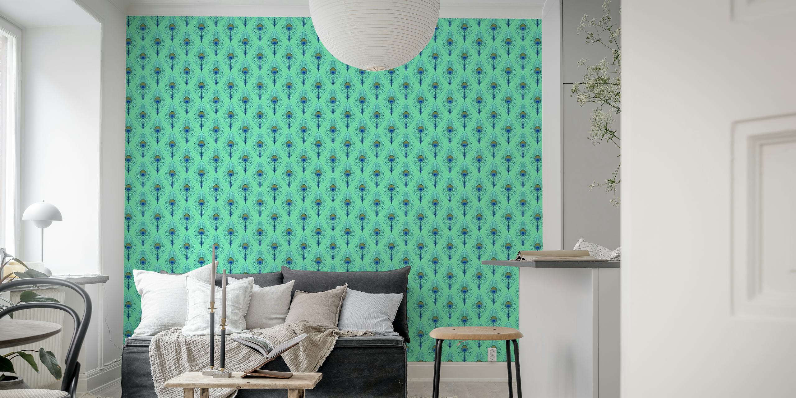 Elegant watercolor peacock feathers wall mural in shades of turquoise and green