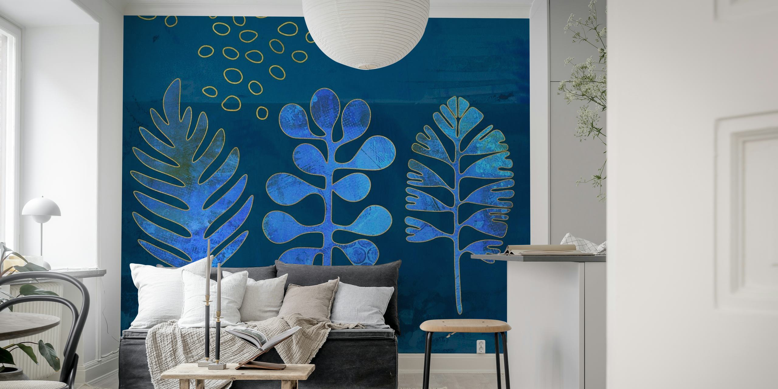 Whimsical Plant Shapes Mixed Media Art Blue behang