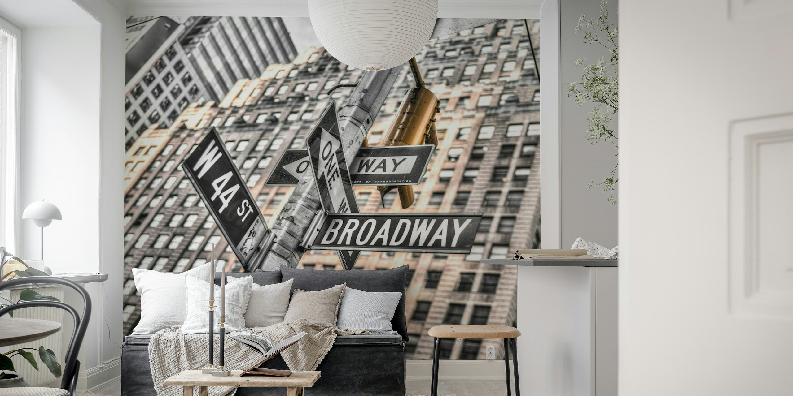 Broadway street sign wall mural with skyscrapers
