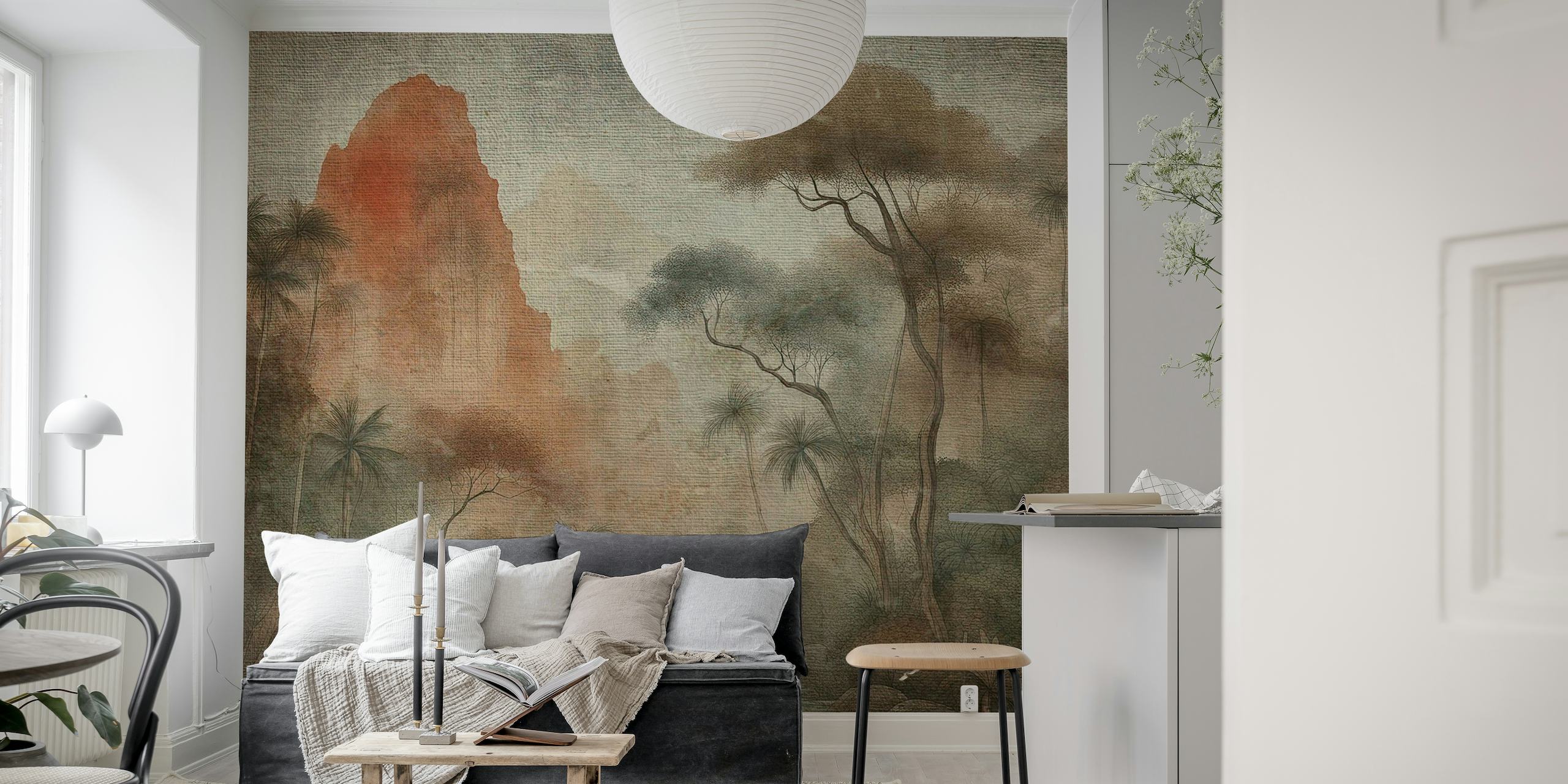Vintage-style mural depicting an Asian jungle scene with towering trees and misty ambiance