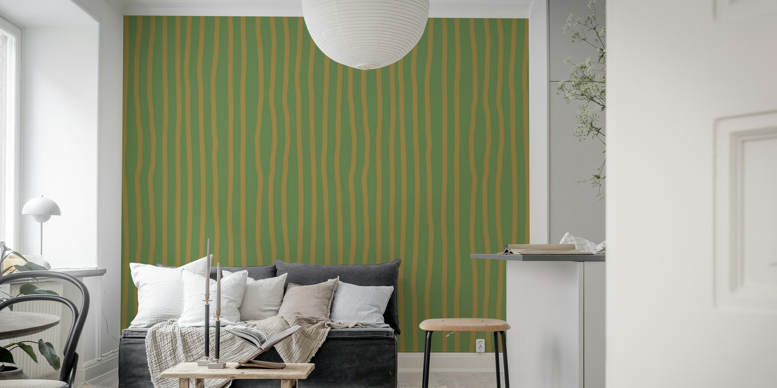 Simple Green Brown Pin Stripes papel de parede