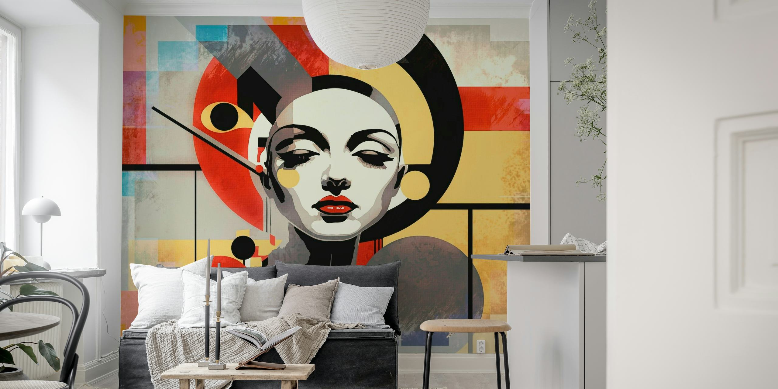 Veggmaleri i art deco-stil med en stilisert dame i dristige geometriske mønstre og livlige farger