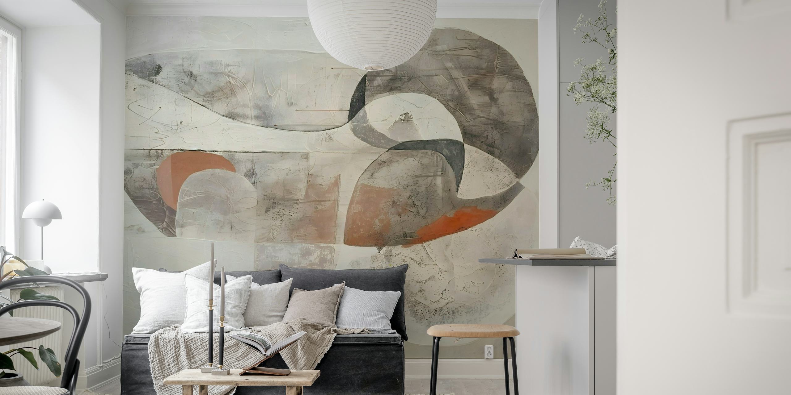 Abstract minimalistic wall mural with neutral tones and subtle shapes