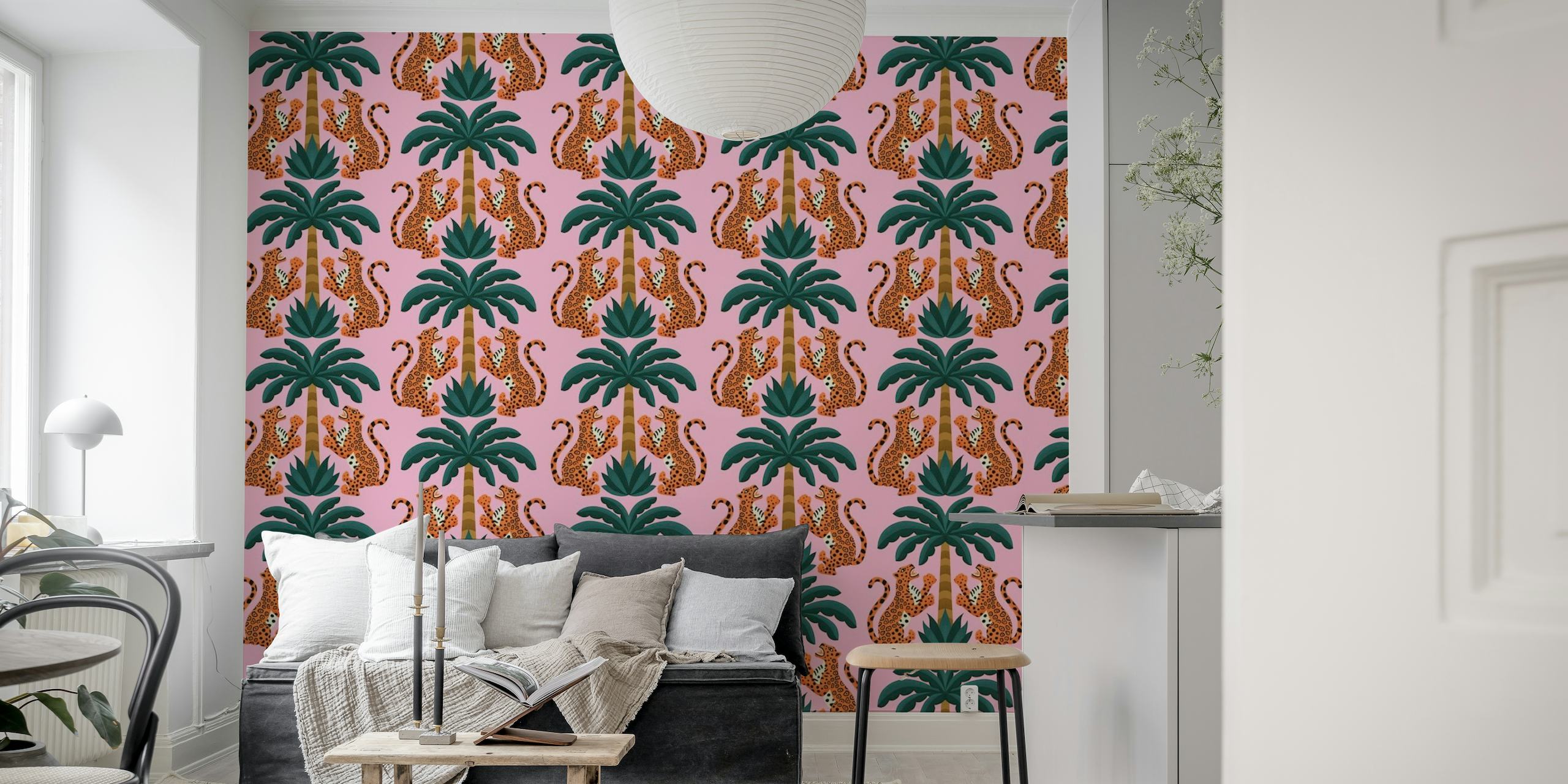 Exotic jaguars and palm fronds wall mural on a pink background