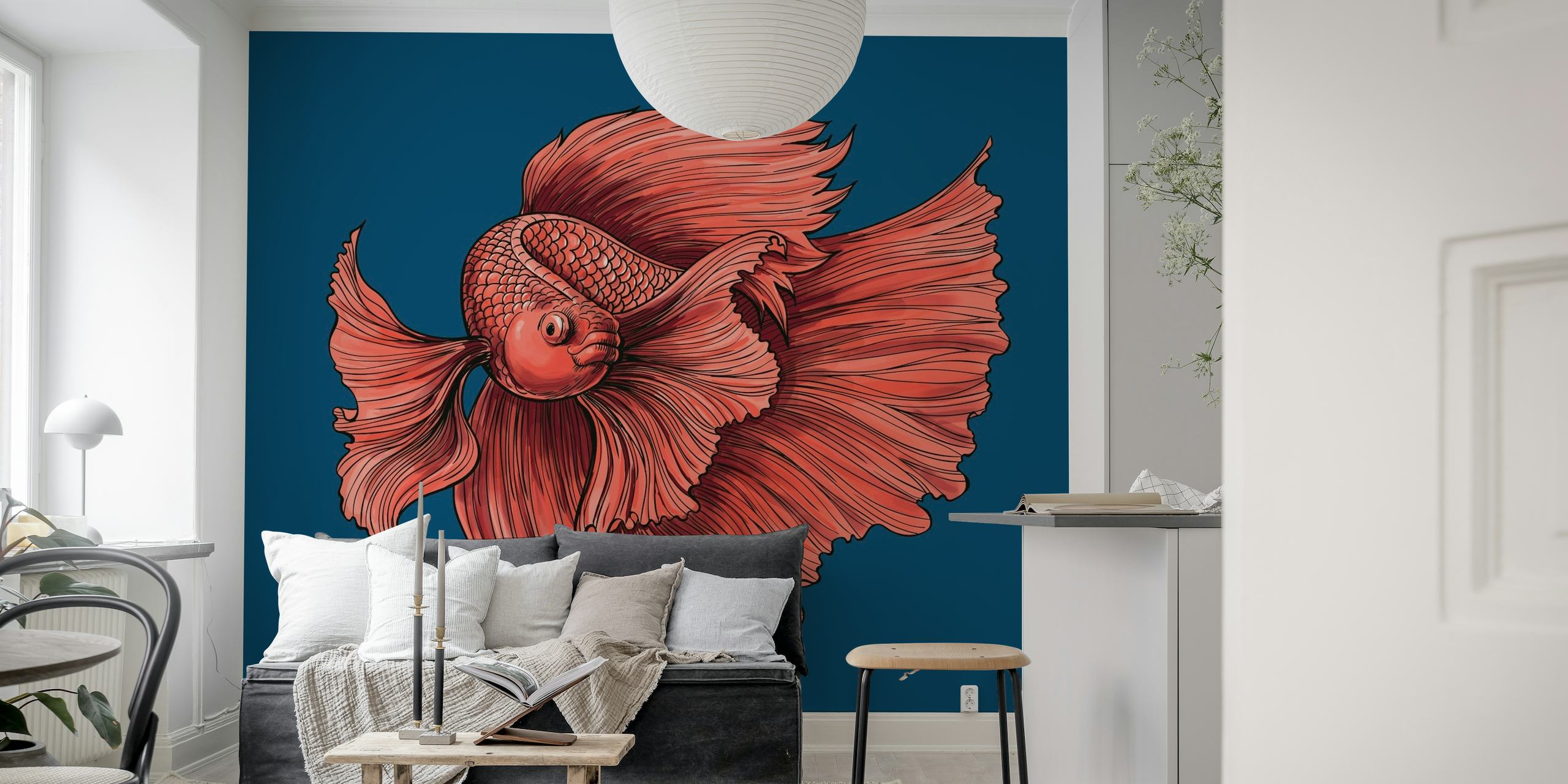 Siamese Fighting Fish vægmaleri på blå baggrund