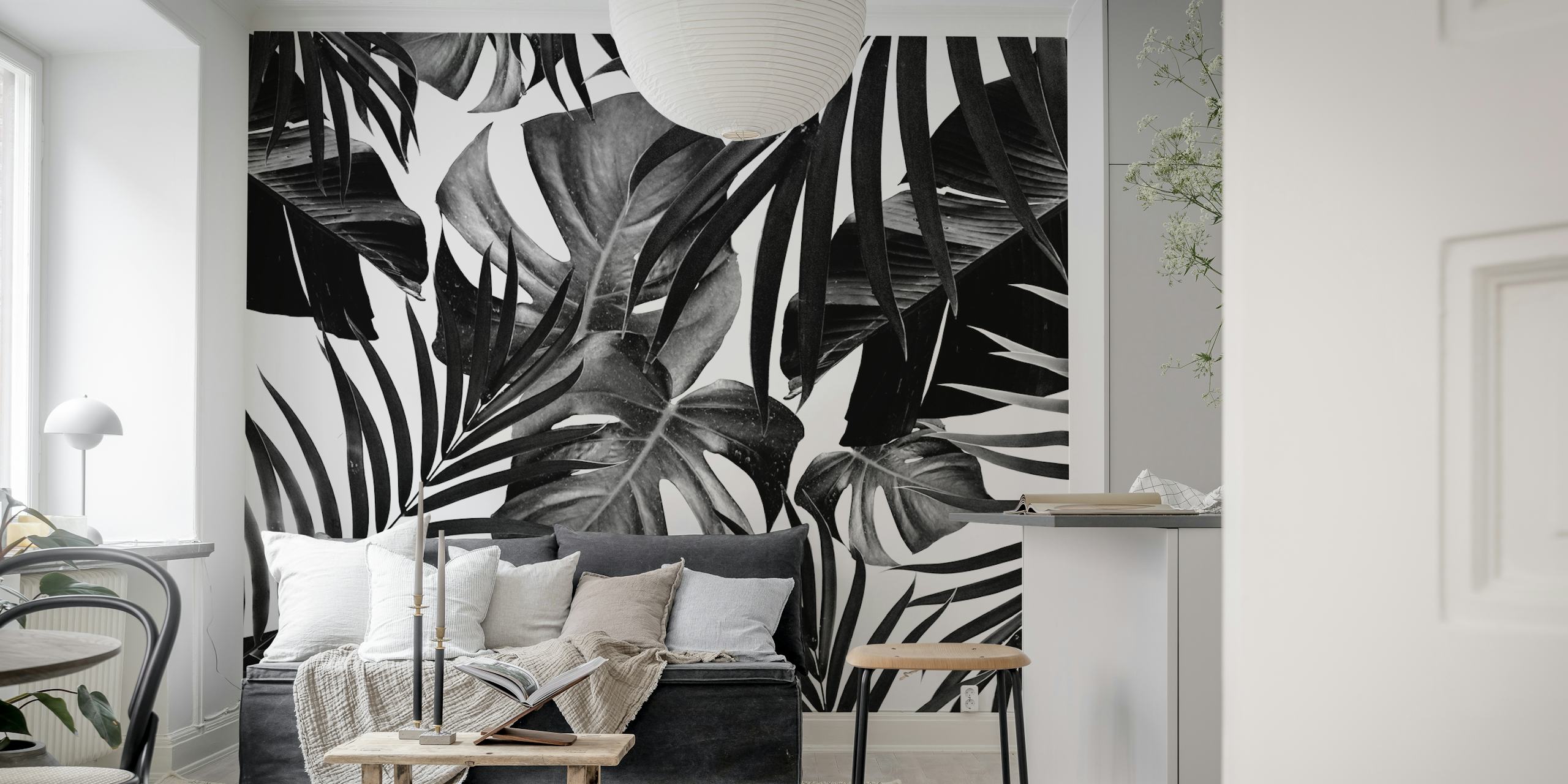 Black and white tropical leaves wallpaper