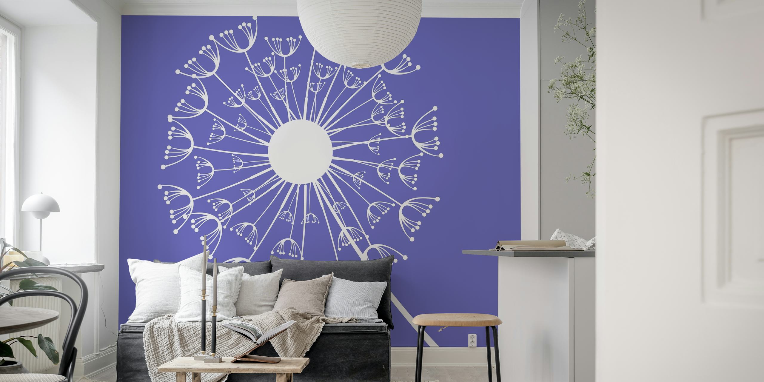 White dandelion floral pattern on purple background wallpaper