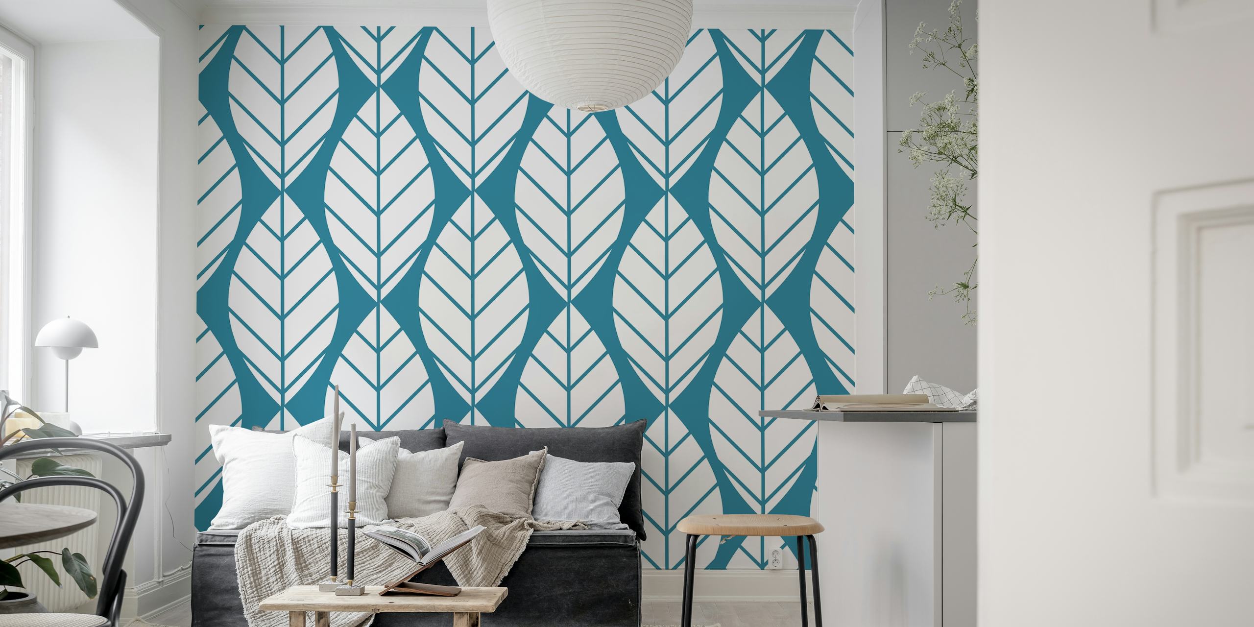Teal and white leaf pattern wallpaper