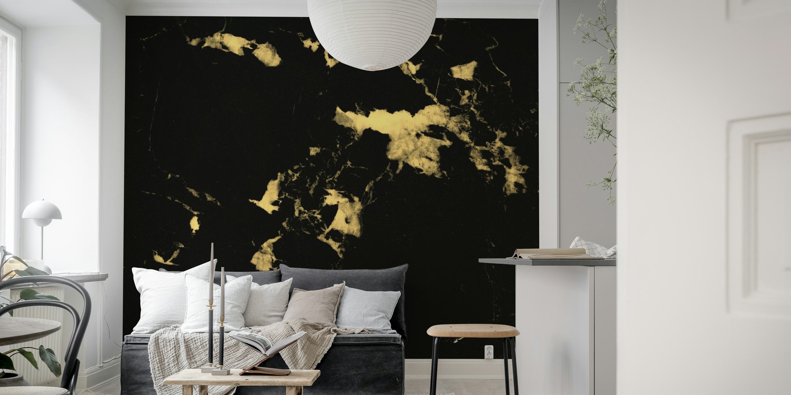 Carta da parati Black Marble 5 con venature bianche e dorate