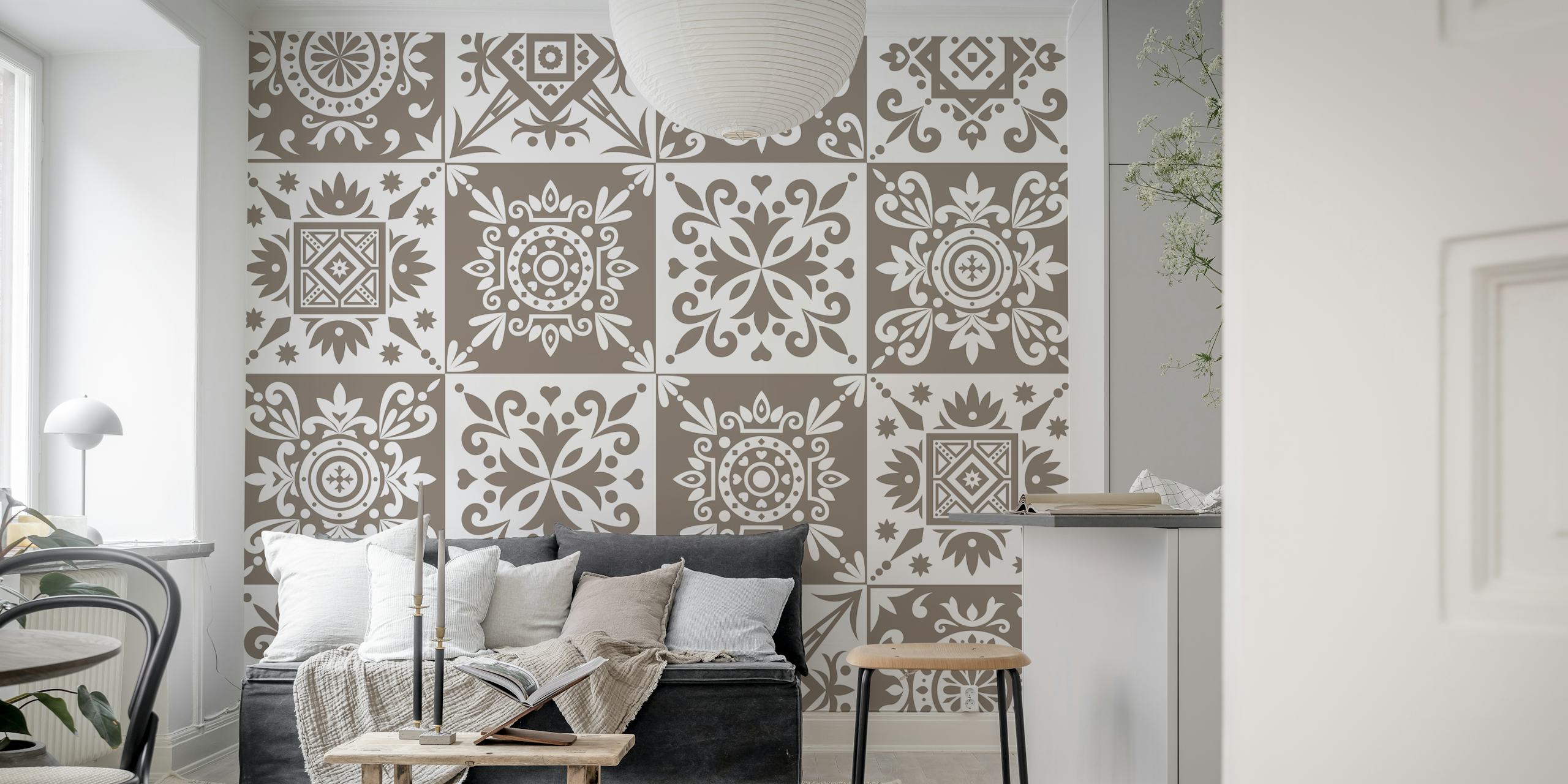Alhambra Taupe White Mexican wallpaper in a room