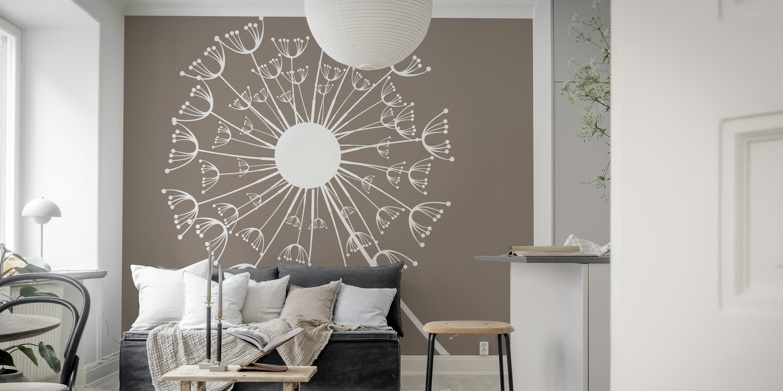 Dandelion flower illustration in white on taupe wallpaper